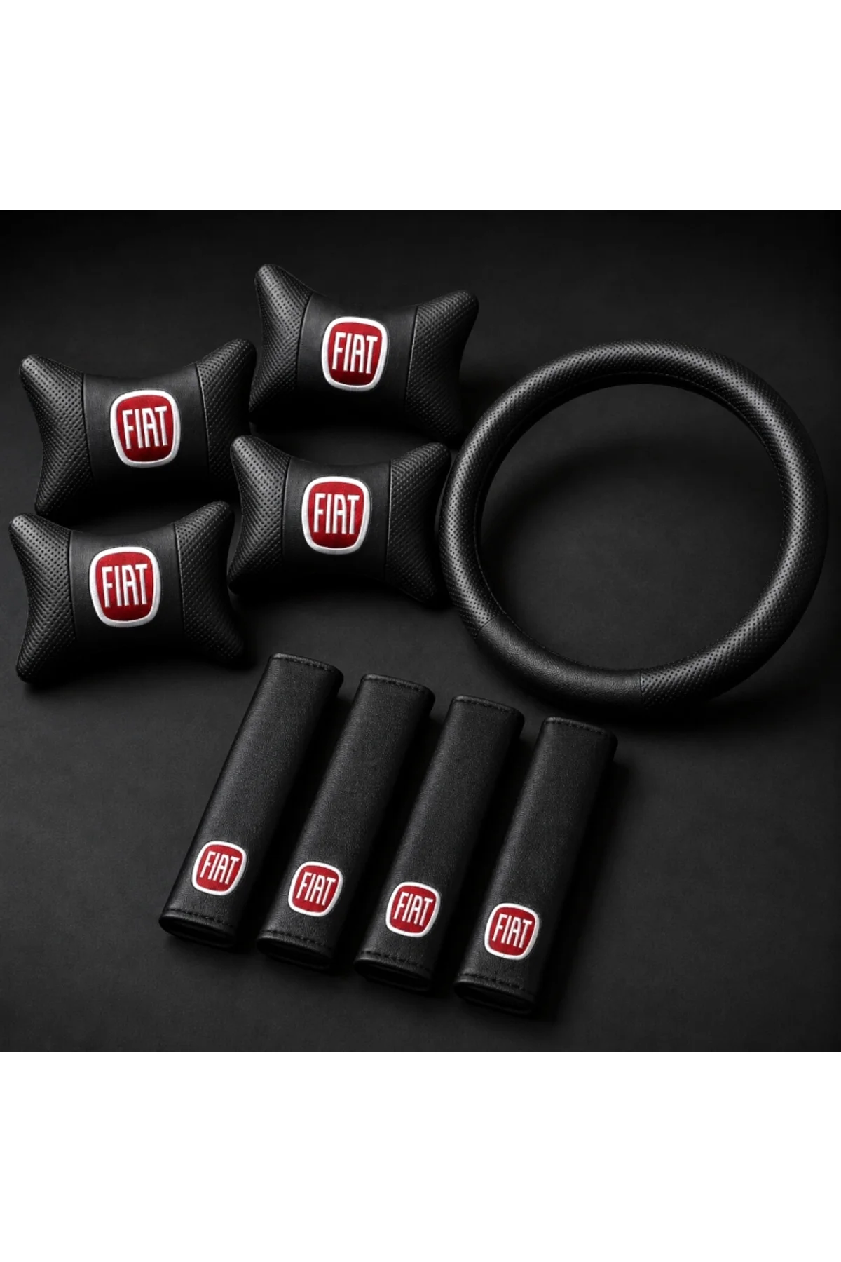 Fiat Logolu 9 Parça Oto Boyun Yastığı Kemer Pedi ve Direksiyon Kılıfı Seti Siyah Deri Görünümlü Universal Araç İçi Konfor Seti Fiat Logolu 9 Parça Oto Boyun Yastığı Kemer Pedi ve Direksiyon Kılıfı Seti Siyah Deri Görünümlü Universal Araç İçi Konfor Seti - Görsel 2