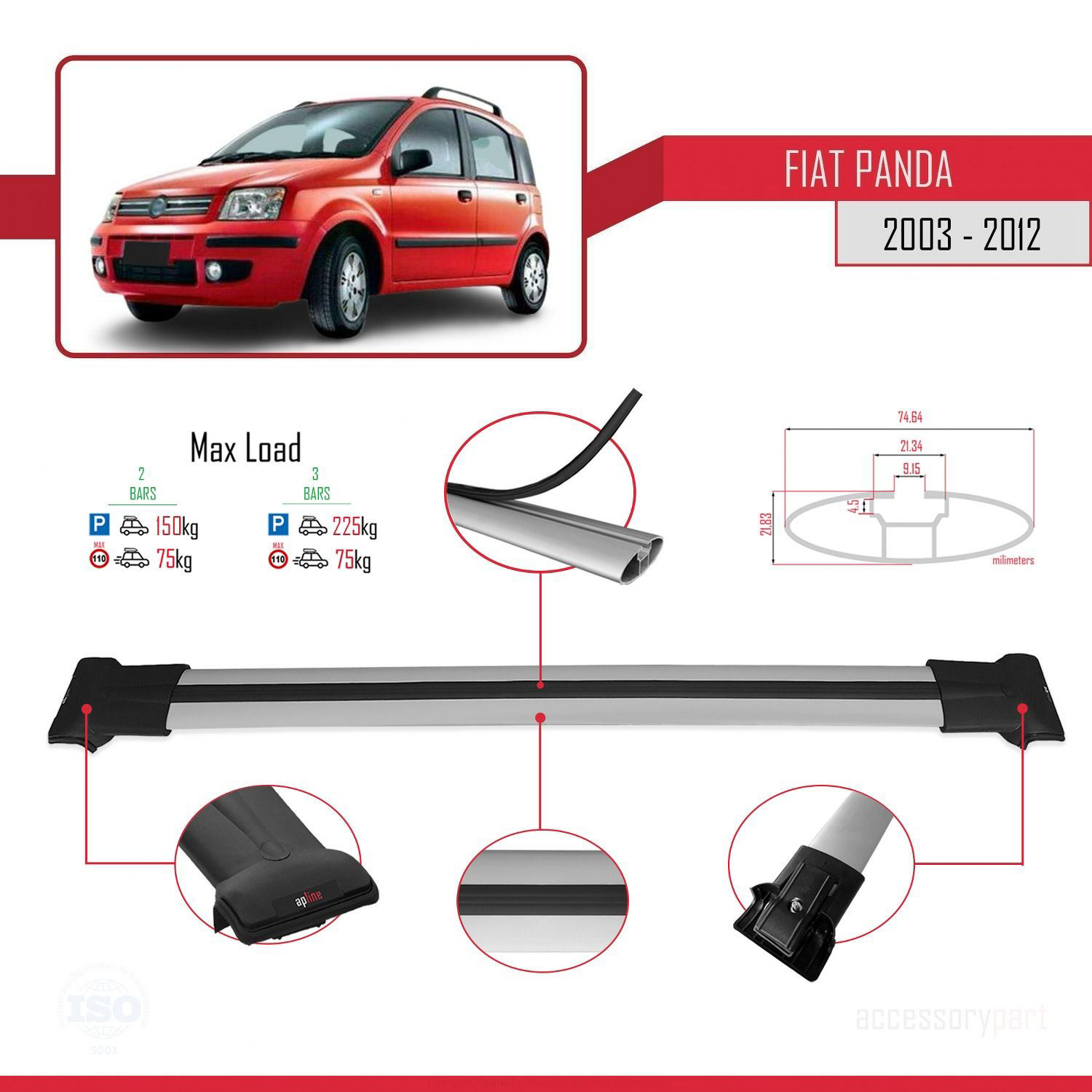 Fiat Panda 2003-2012 Arası ile uyumlu FLY Model Ara Atkı Tavan Ba
