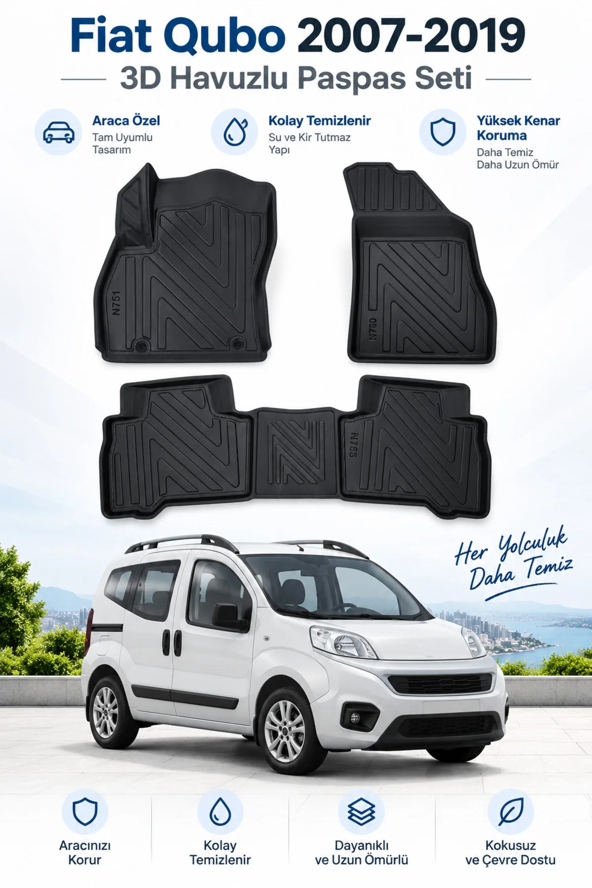 Fiat Qubo 2007-2019 Karbon Desenli Premium 3D Havuzlu Oto Paspas