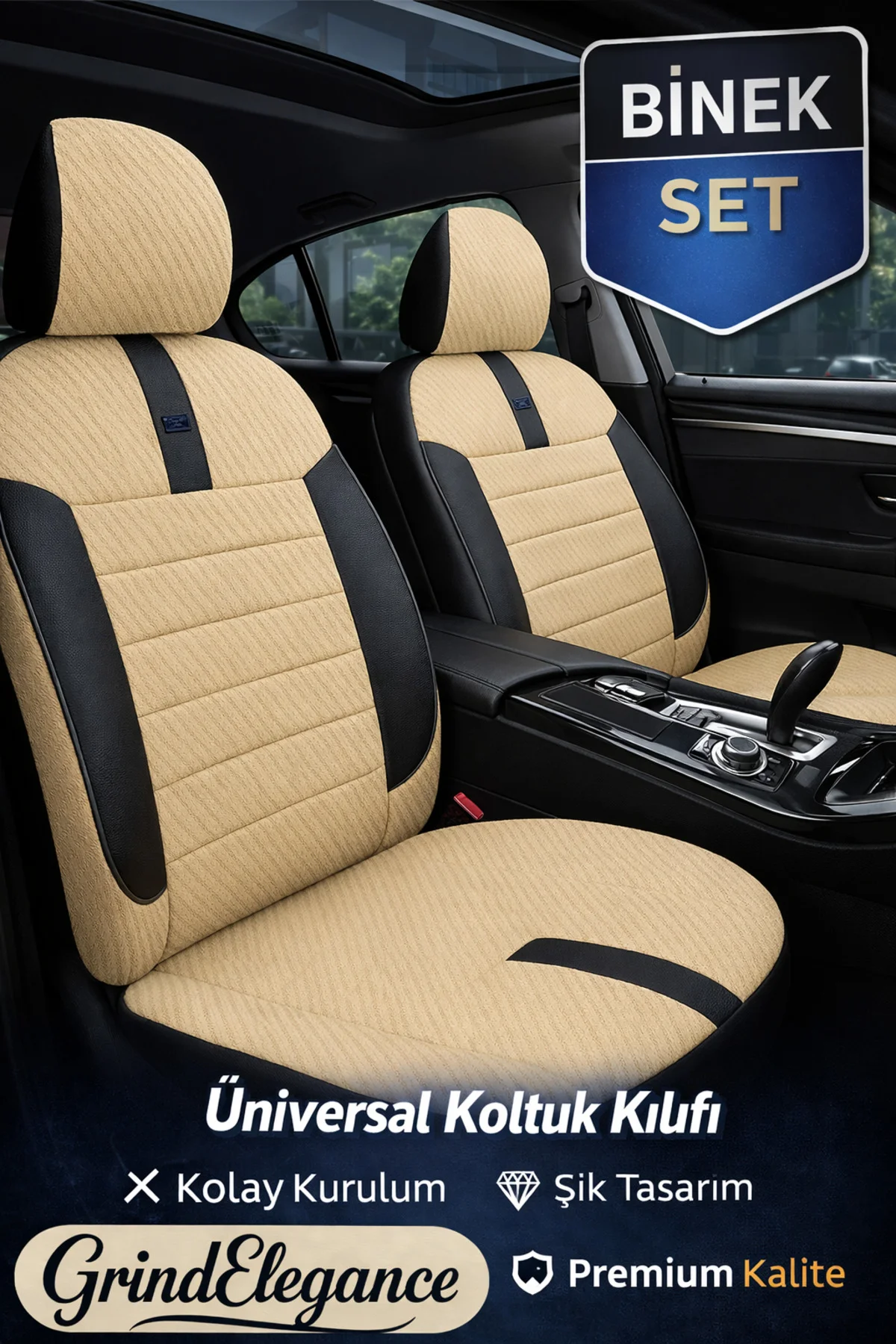 Fiat Siena 1998-2002 Bütün Arka Sırt Oturak Uyumlu Vira GrindElegance Bej Siyah Koltuk Kılıfı