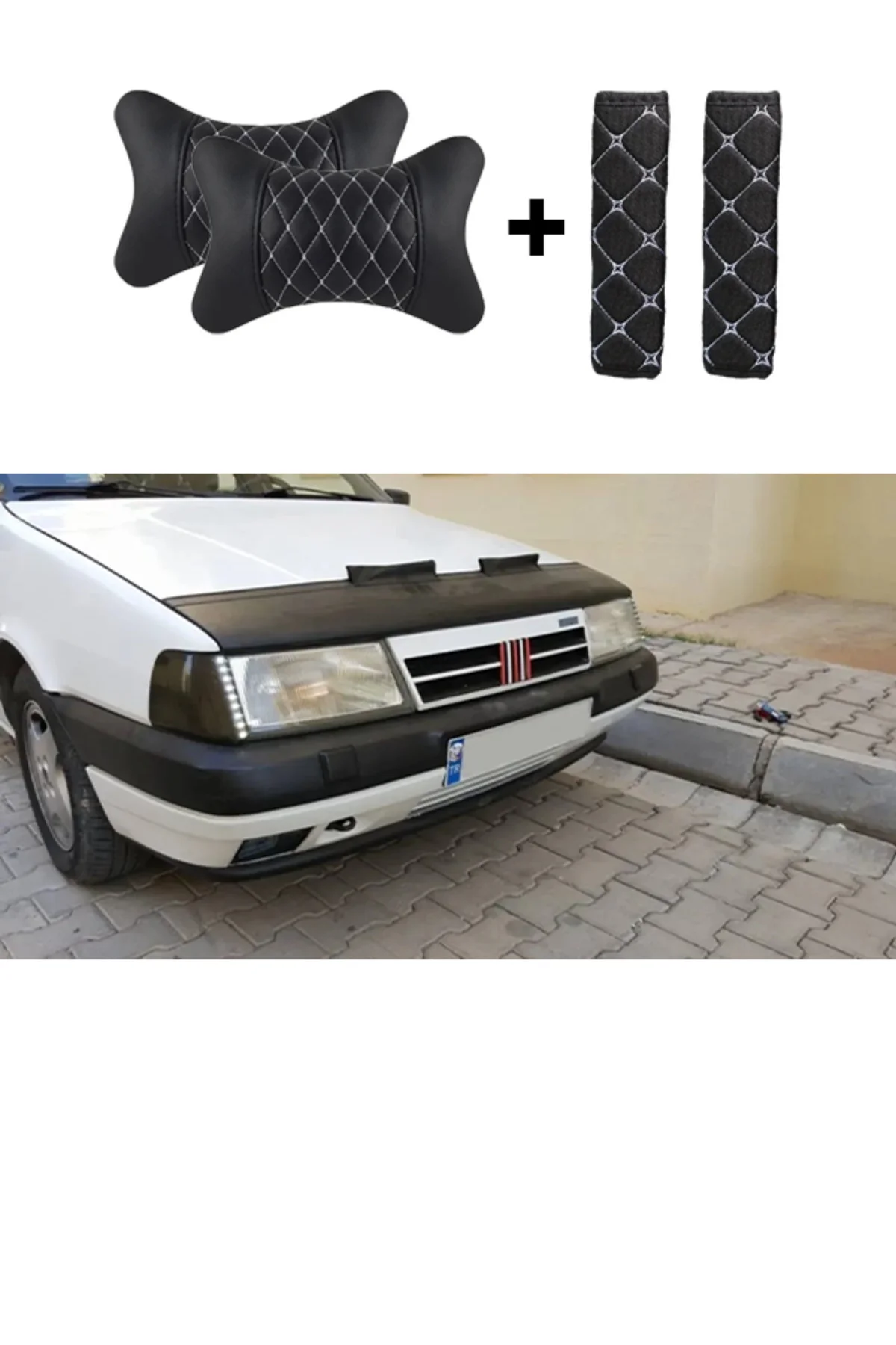 Fiat Tempra Kaput Maskesi Beyaz Nakış Kapitone Yastık-Kemer Setli Fiat Tempra Kaput Maskesi Beyaz Nakış Kapitone Yastık-Kemer Setli