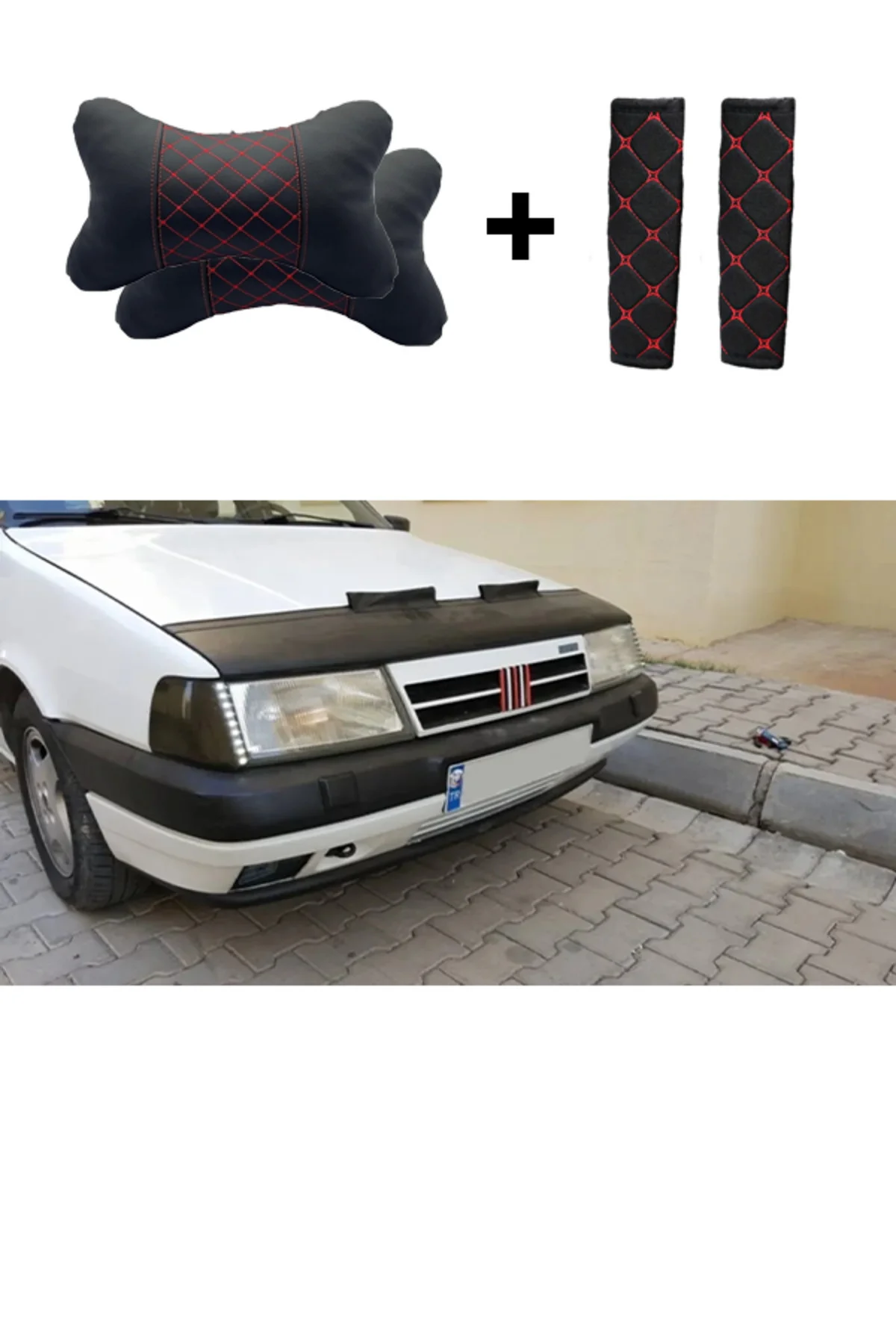 Fiat Tempra Uyumlu Kaput Maskesi Kırmızı Nakış Kapitone Yastık-Kemer Setli Fiat Tempra Uyumlu Kaput Maskesi Kırmızı Nakış Kapitone Yastık-Kemer Setli