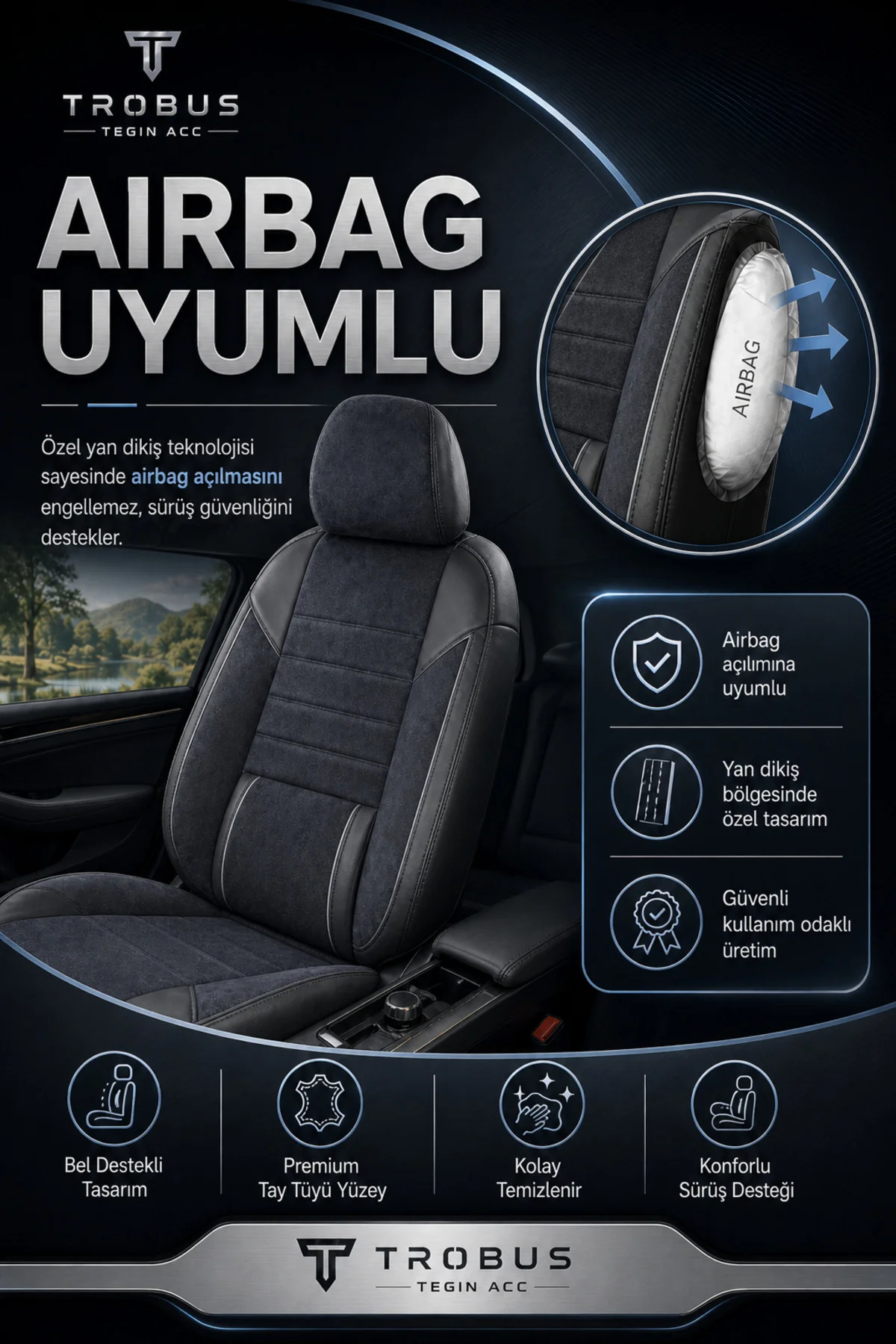 Fiat Tempra Uyumlu Nova Serisi Tay Tüyü Bel Destekli Füme Füme Premium Koltuk Kılıfı - Görsel 4