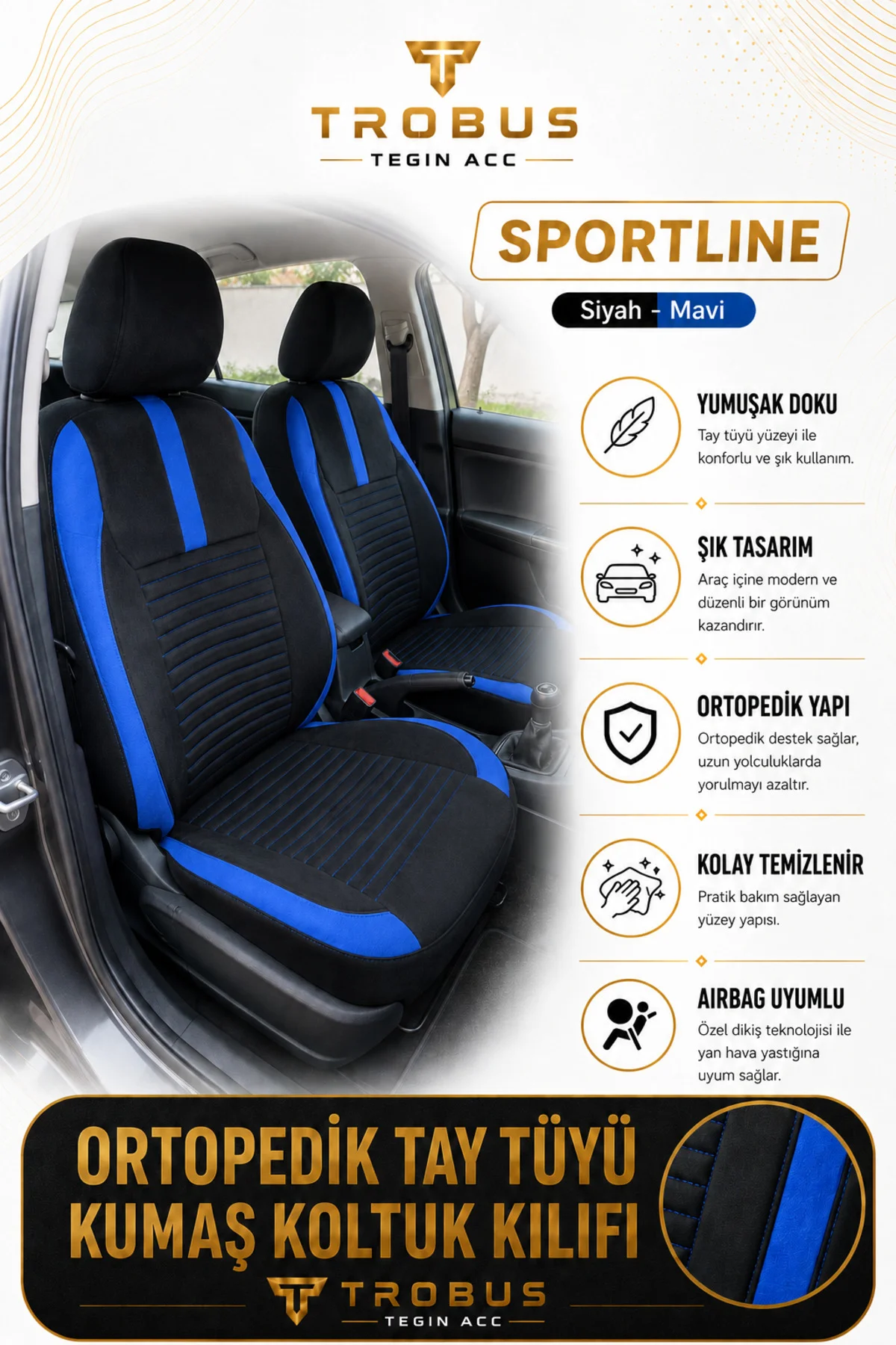 Fiat Tempra Uyumlu Sportline Serisi Siyah Mavi Ortopedik Tay Tüyü Koltuk Kılıfı Fiyatı, Yorumları ve Özellikleri