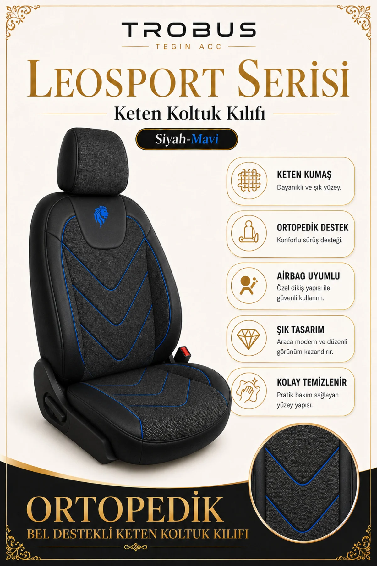 Fiat Tipo 1990-2000 Uyumlu LeoSport Serisi Siyah Mavi Ortopedik Keten Koltuk Kılıfı Fiyatı, Yorumları ve Özellikleri