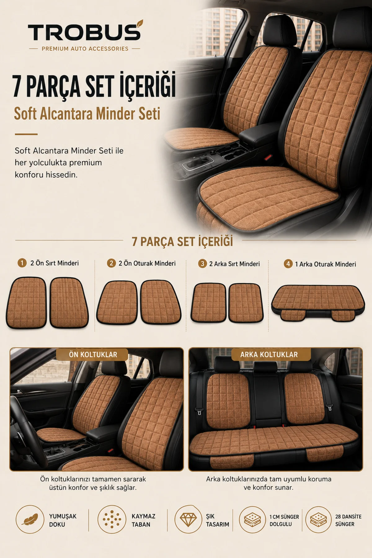 Fiat TİPO 1990-2000 Uyumlu Soft Alkantra 7 Parça Süet Oto Koltuk Minderi Terletmez Taba Fiyatı, Yorumları ve Özellikleri