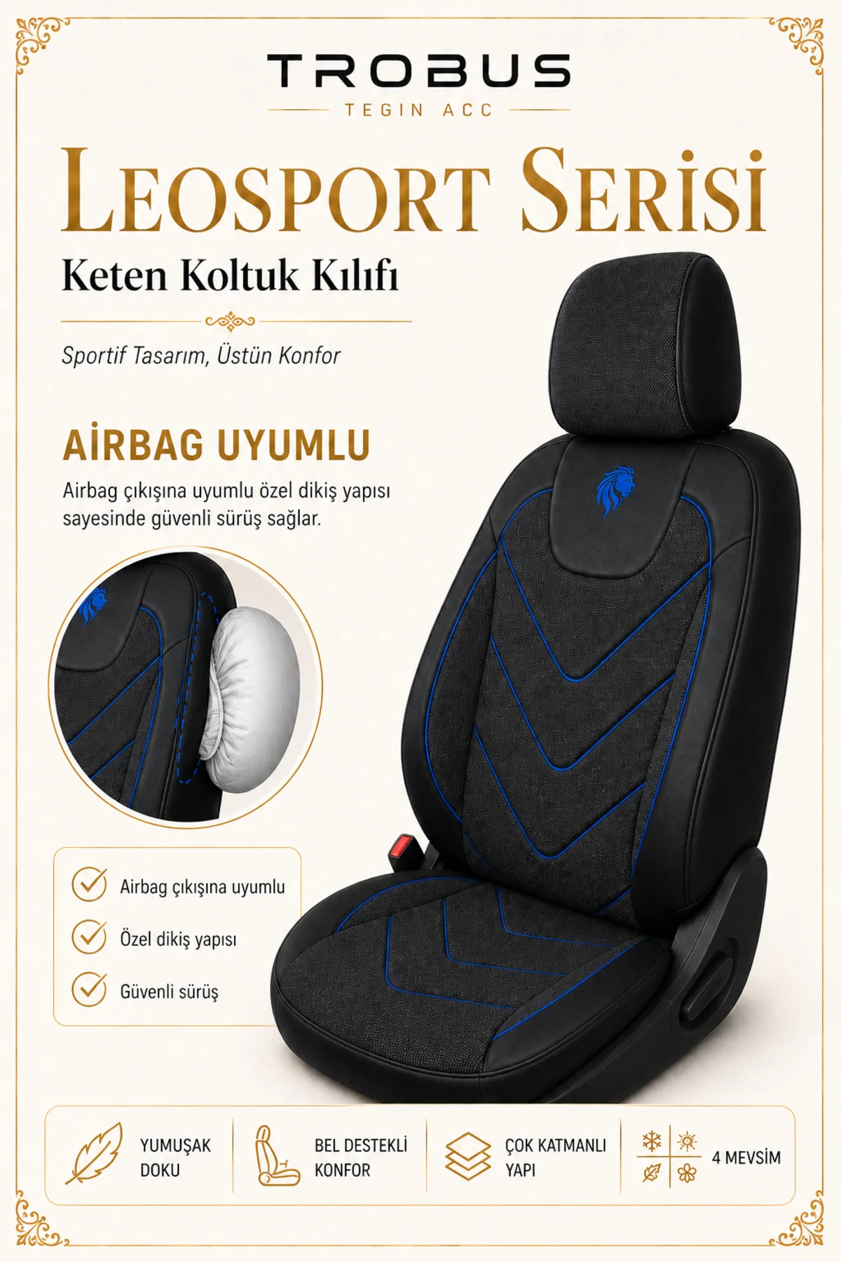 Fiat Tipo 1990-2000 Uyumlu LeoSport Serisi Siyah Mavi Ortopedik Keten Koltuk Kılıfı Fiyatı, Yorumları ve Özellikleri