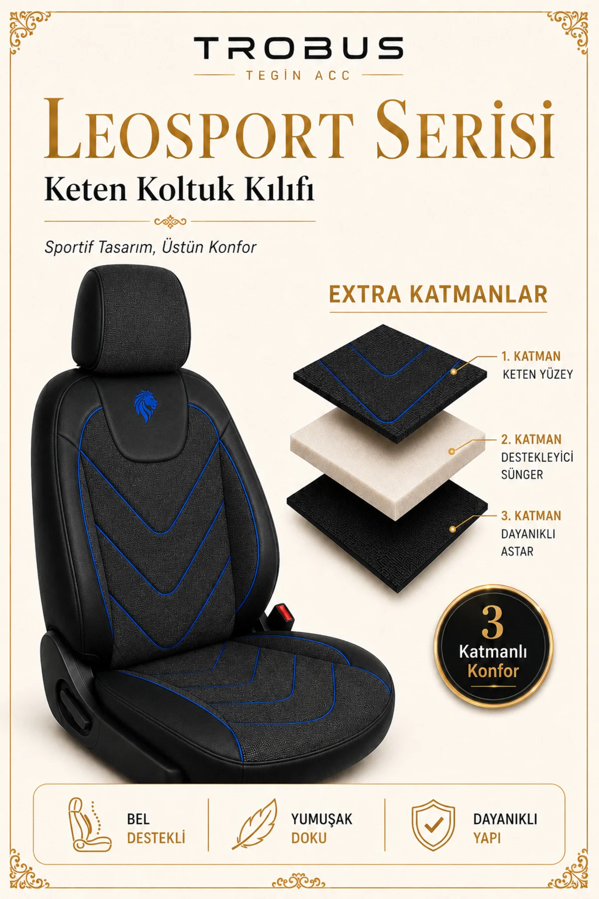 Fiat Tipo 1990-2000 Uyumlu LeoSport Serisi Siyah Mavi Ortopedik Keten Koltuk Kılıfı Fiyatı, Yorumları ve Özellikleri