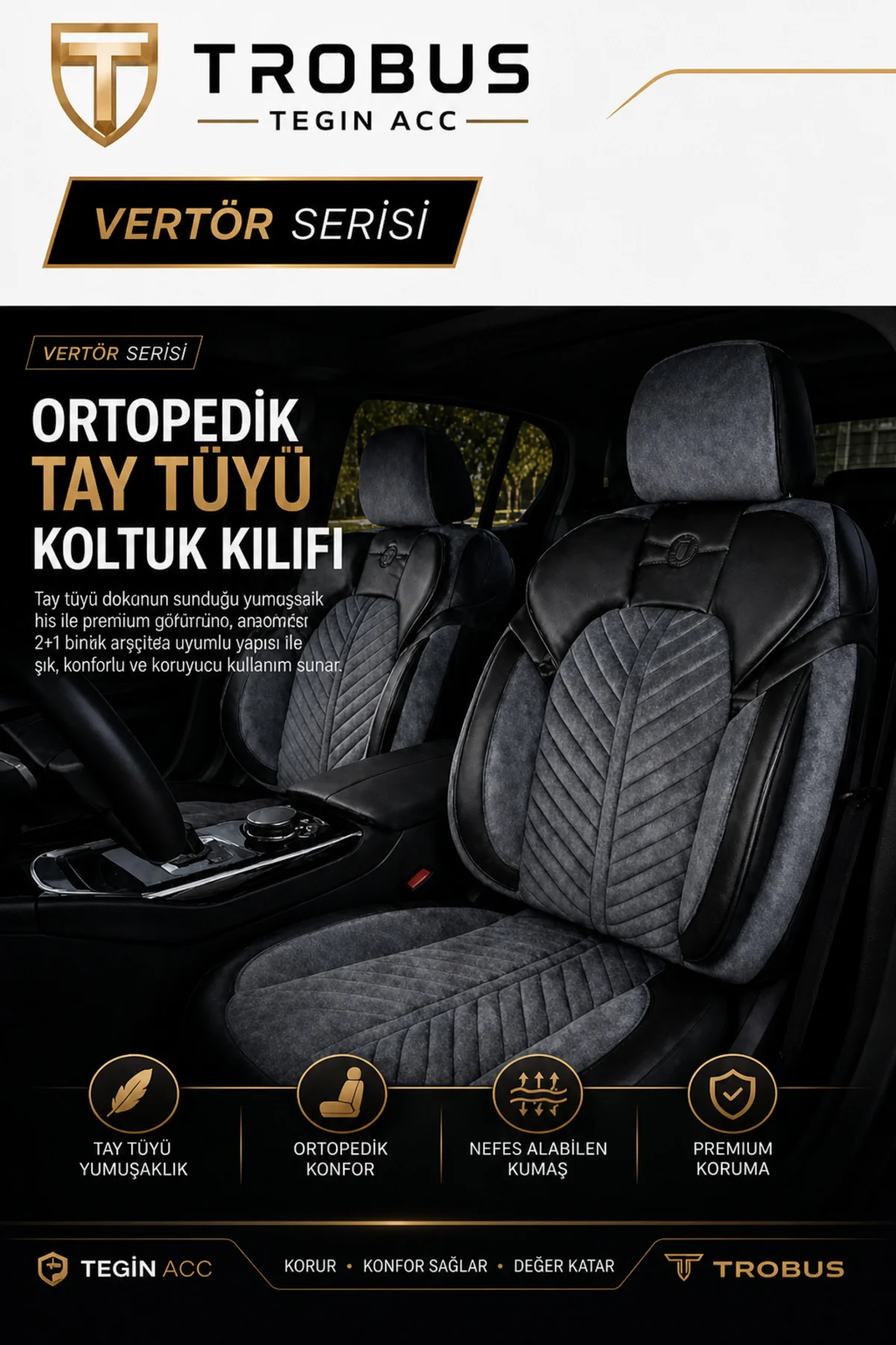 Fiat Tipo 1990-2000 Uyumlu Süvari Serisi Tay Tüyü Füme Siyah Premium Koltuk Kılıfı
