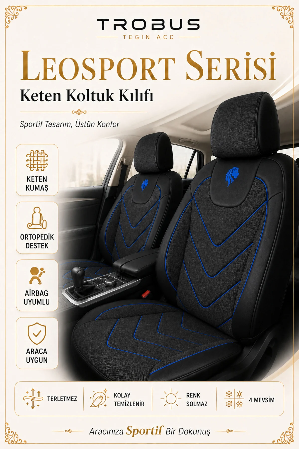 Fiat Tipo 1990-2000 Uyumlu LeoSport Serisi Siyah Mavi Ortopedik Keten Koltuk Kılıfı Fiyatı, Yorumları ve Özellikleri