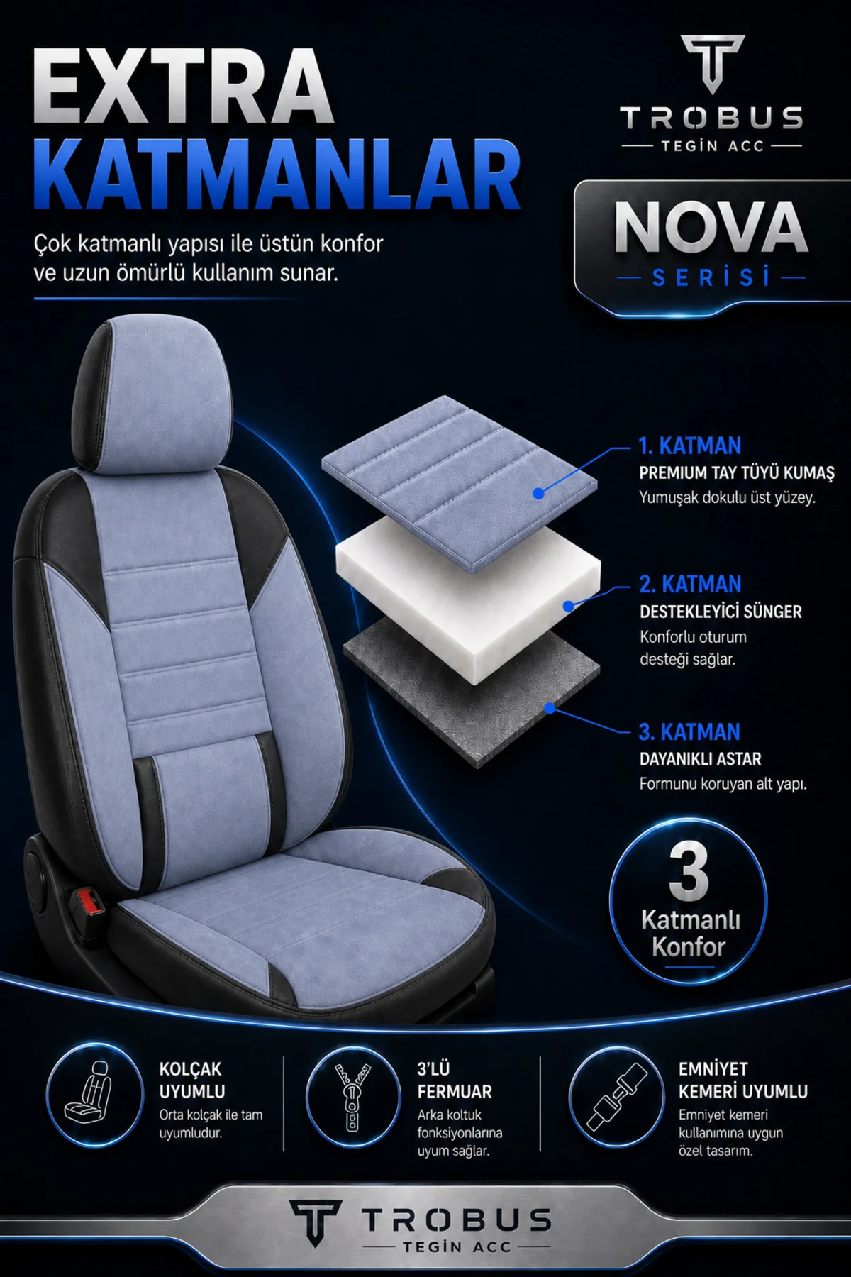 Fiat Tipo 1990-2000 Uyumlu Nova Serisi Tay Tüyü Bel Destekli Gri Siyah Premium Koltuk Kılıfı