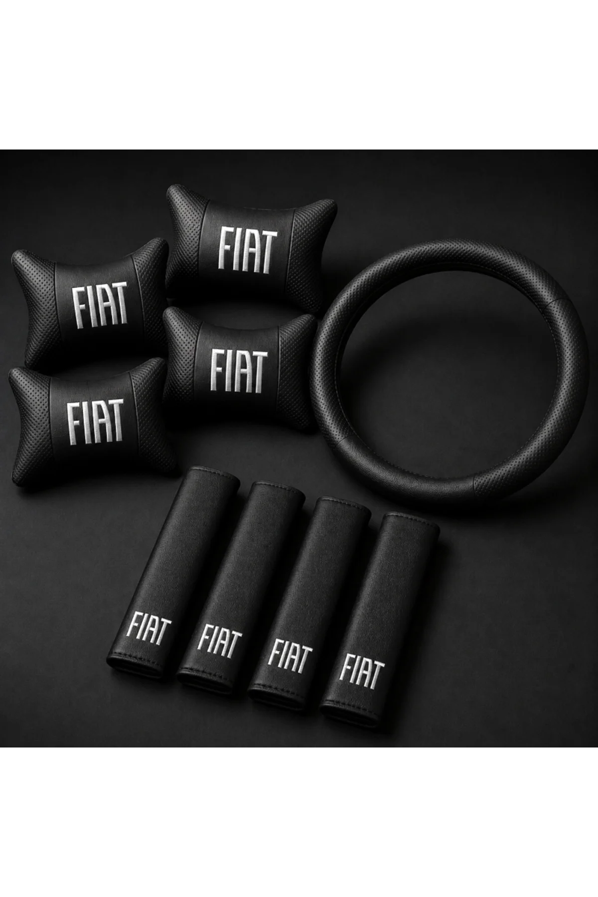 Fiat Yeni Beyaz Logolu 9 Parça Oto Boyun Yastığı Kemer Pedi ve Direksiyon Kılıfı Seti Siyah Deri Görünümlü Universal Araç İçi Konfor Seti Fiat Yeni Beyaz Logolu 9 Parça Oto Boyun Yastığı Kemer Pedi ve Direksiyon Kılıfı Seti Siyah Deri Görünümlü Universal Araç İçi Konfor Seti - Görsel 2