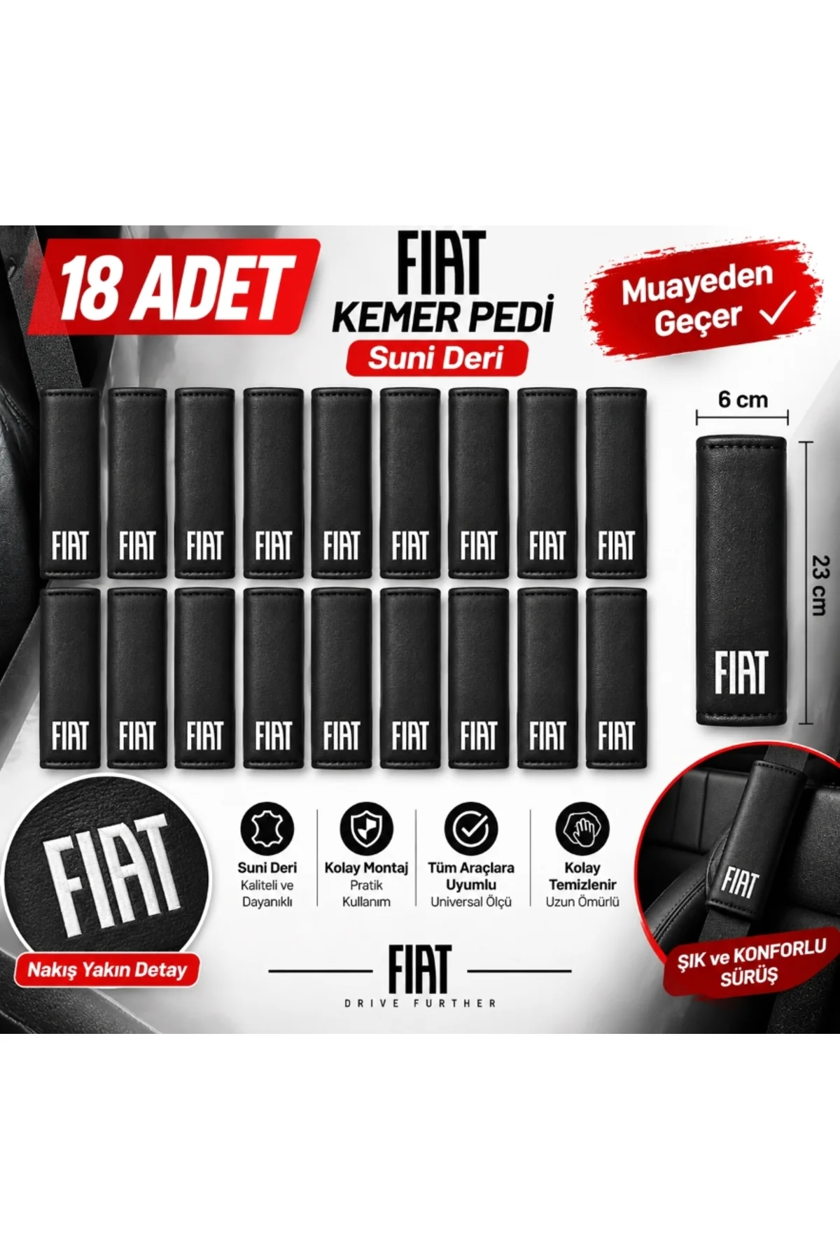 FIAT Yeni Logo 18 Adet Beyaz Nakışlı Suni Deri Emniyet Kemeri Pedi – 6x23 cm Cırtlı Model Universal Uyumlu FIAT Yeni Logo 18 Adet Beyaz Nakışlı Suni Deri Emniyet Kemeri Pedi – 6x23 cm Cırtlı Model Universal Uyumlu