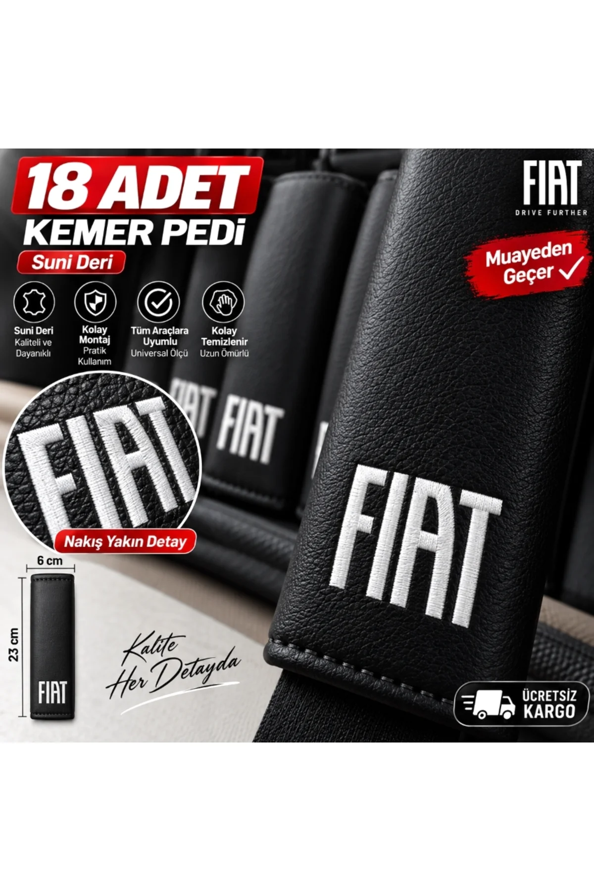 FIAT Yeni Logo 18 Adet Beyaz Nakışlı Suni Deri Emniyet Kemeri Pedi – 6x23 cm Cırtlı Model Universal Uyumlu FIAT Yeni Logo 18 Adet Beyaz Nakışlı Suni Deri Emniyet Kemeri Pedi – 6x23 cm Cırtlı Model Universal Uyumlu - Görsel 2
