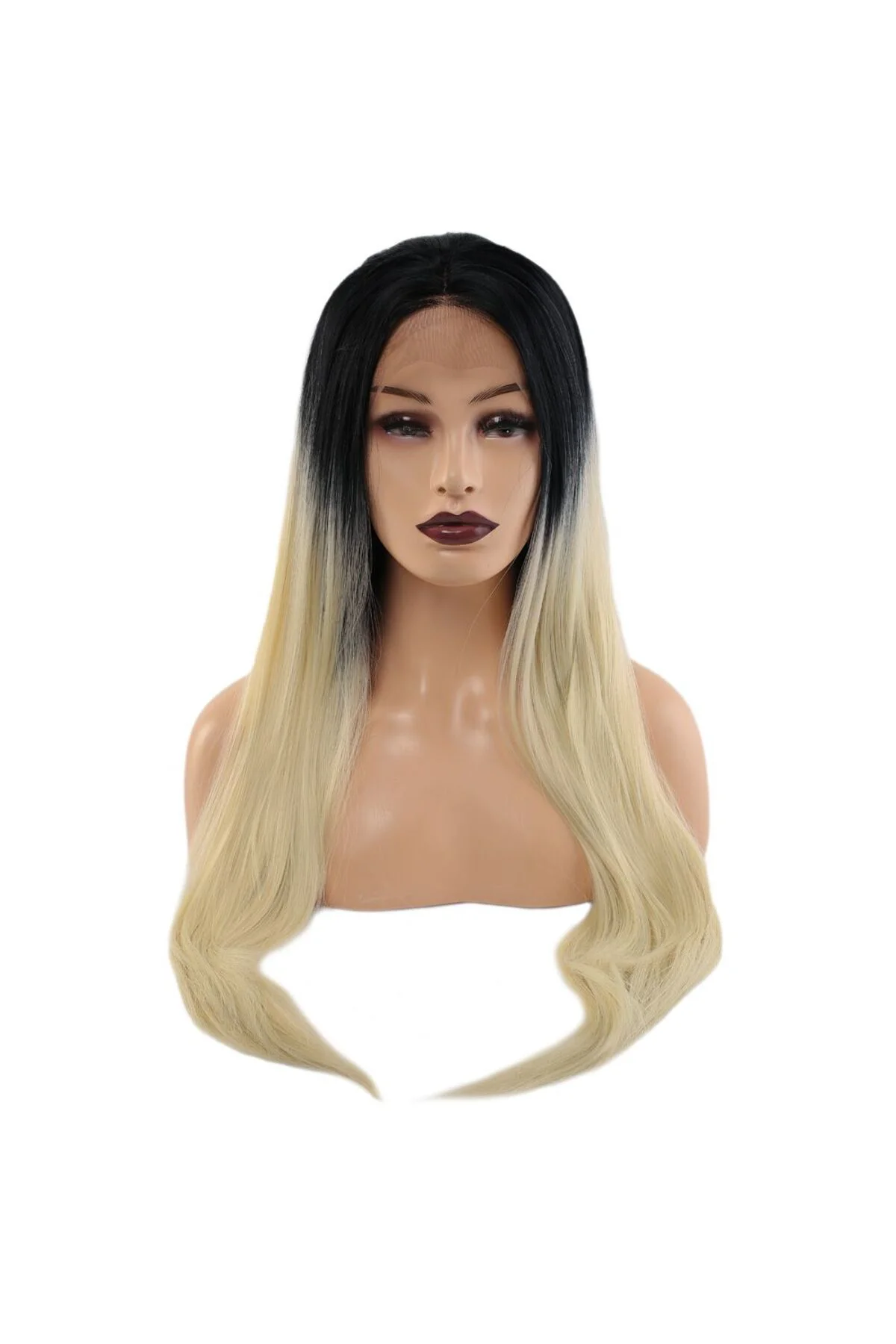 Fiber Sen Düz Uzun Tül Peruk / Siyah Platin Orta Ombreli