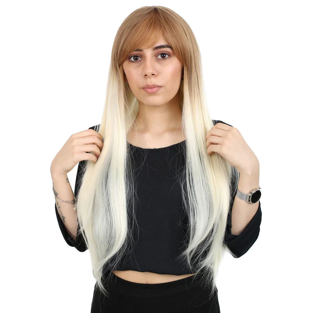 Fiber Sen Uzun Düz Kahküllü Peruk / Balköpüğü / Platin Ombreli