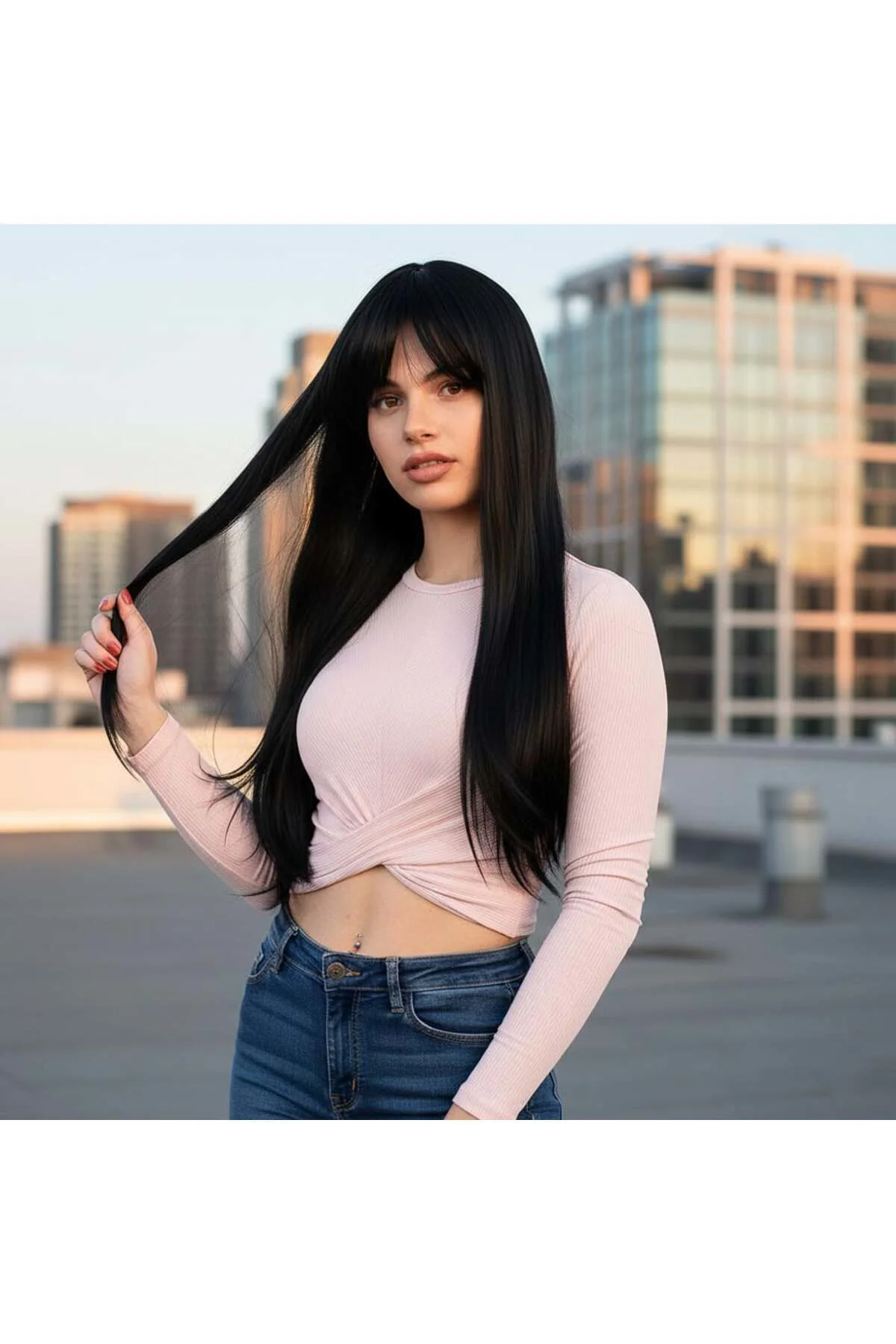 Fiber Sen Uzun Düz Kahküllü Peruk / Siyah