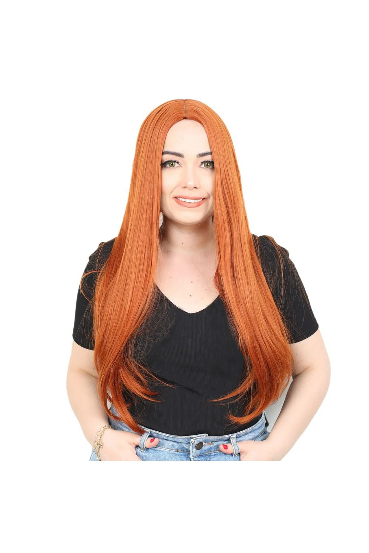 Fiber Sen Uzun Düz Peruk / Bakır