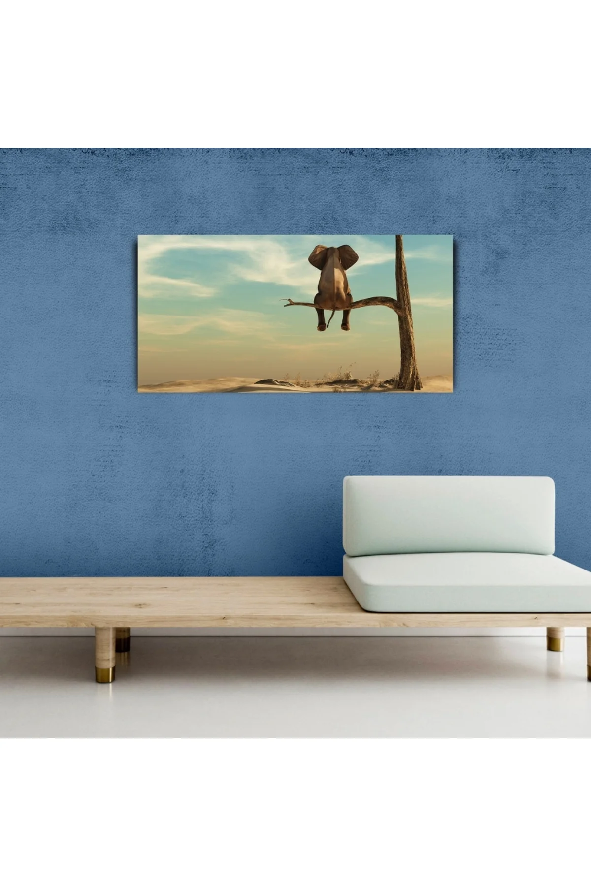 Fil, Çöl ve Kuru Ağaç Retro Kanvas Tablo 60X120