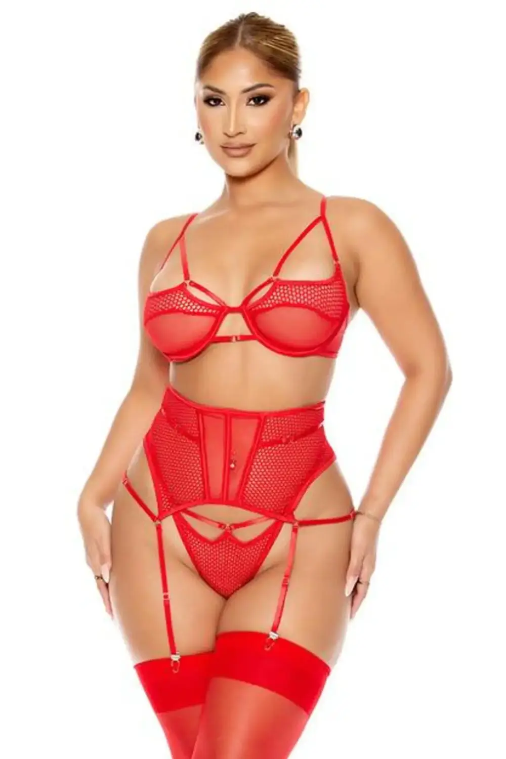 File Tül Detaylı Fantezi Jartiyer Takımı Kırmızı Renk