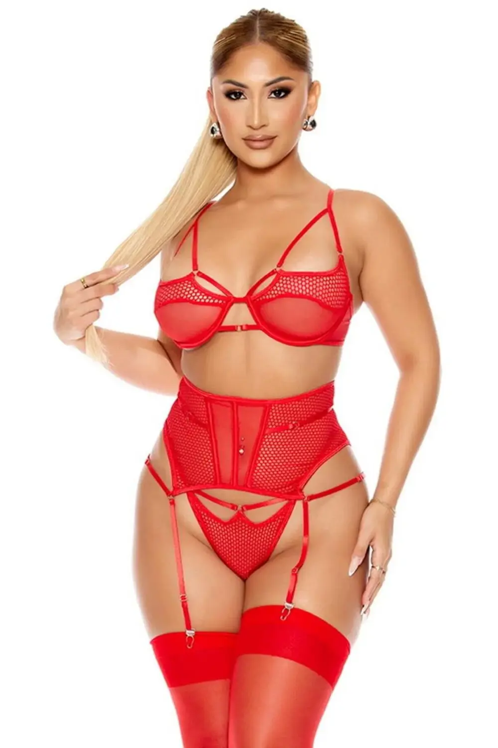 File Tül Detaylı Fantezi Jartiyer Takımı Kırmızı Renk