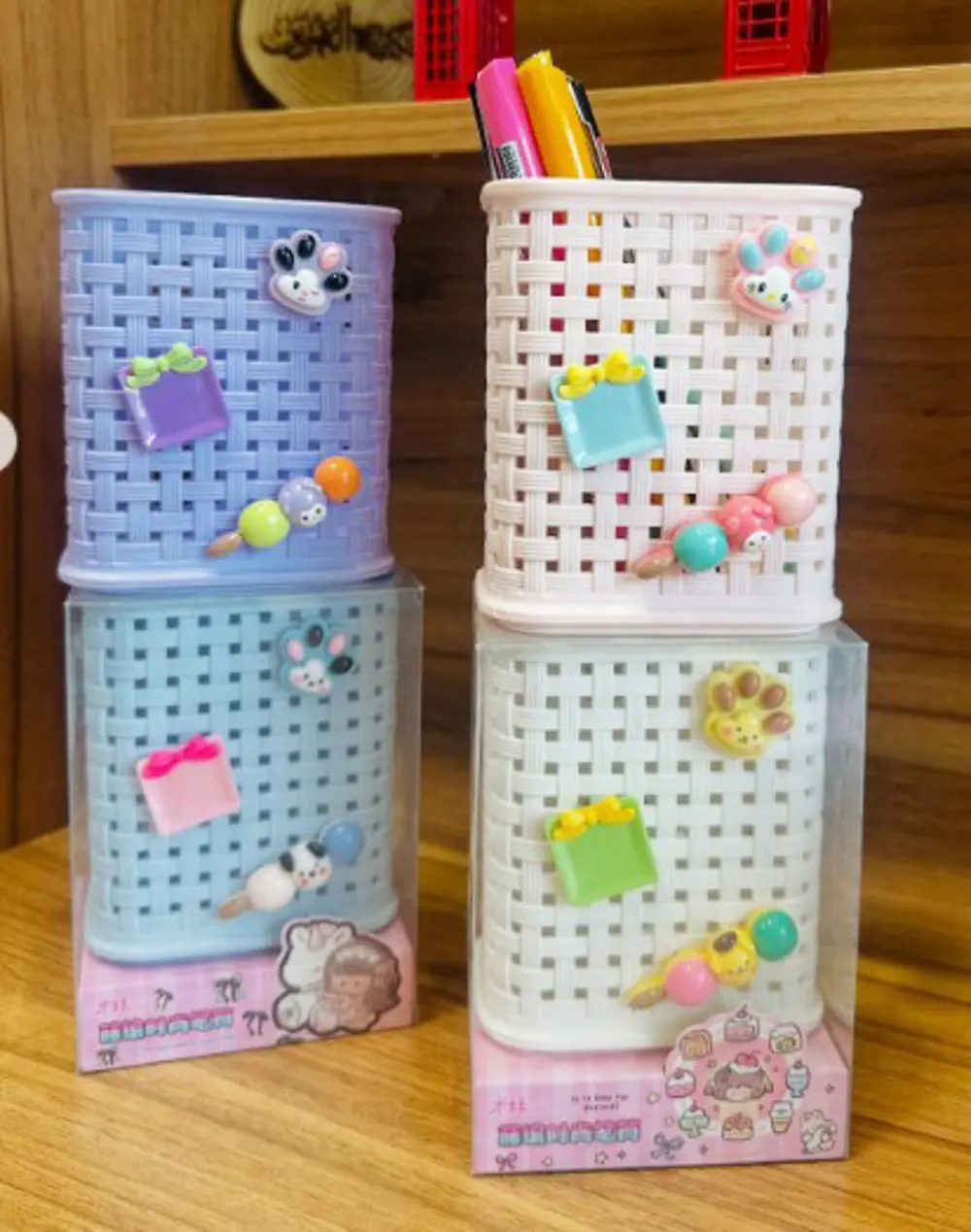 Fileli Masaüstü Kalemlik Plastik Kawaii Sevimli Kalemlik - Mavi