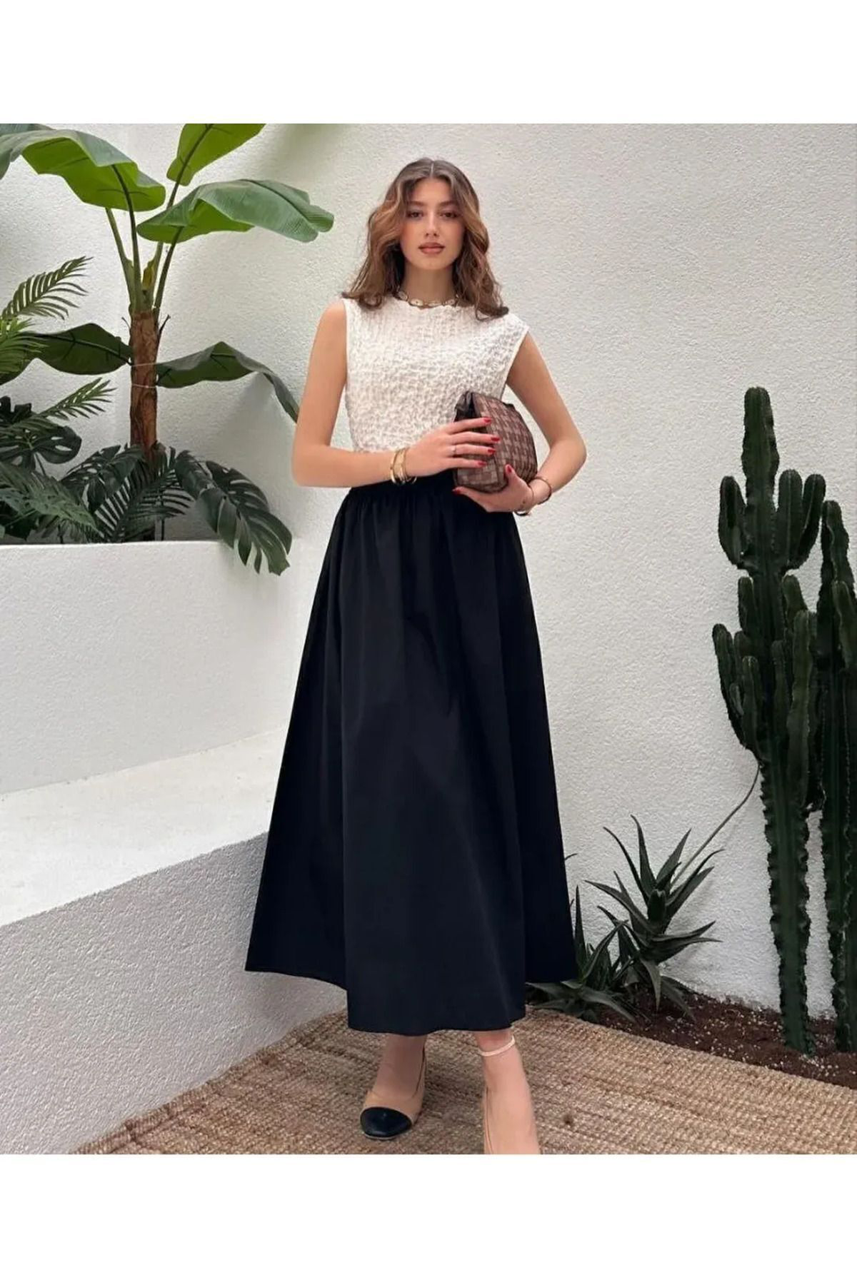 Fileto Cepli Poplin Kumaş Uzun Etek Astarsız