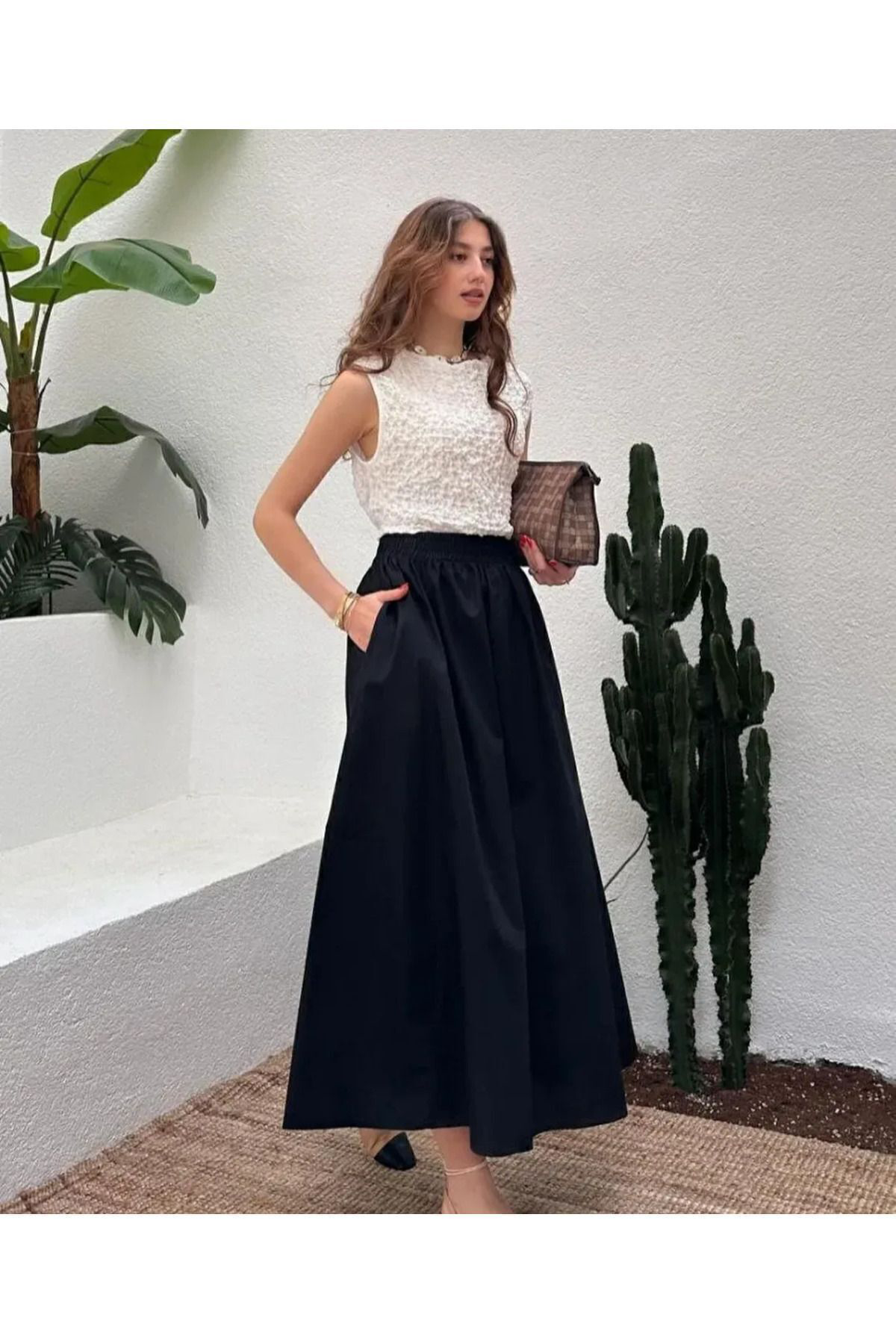 Fileto Cepli Poplin Kumaş Uzun Etek Astarsız