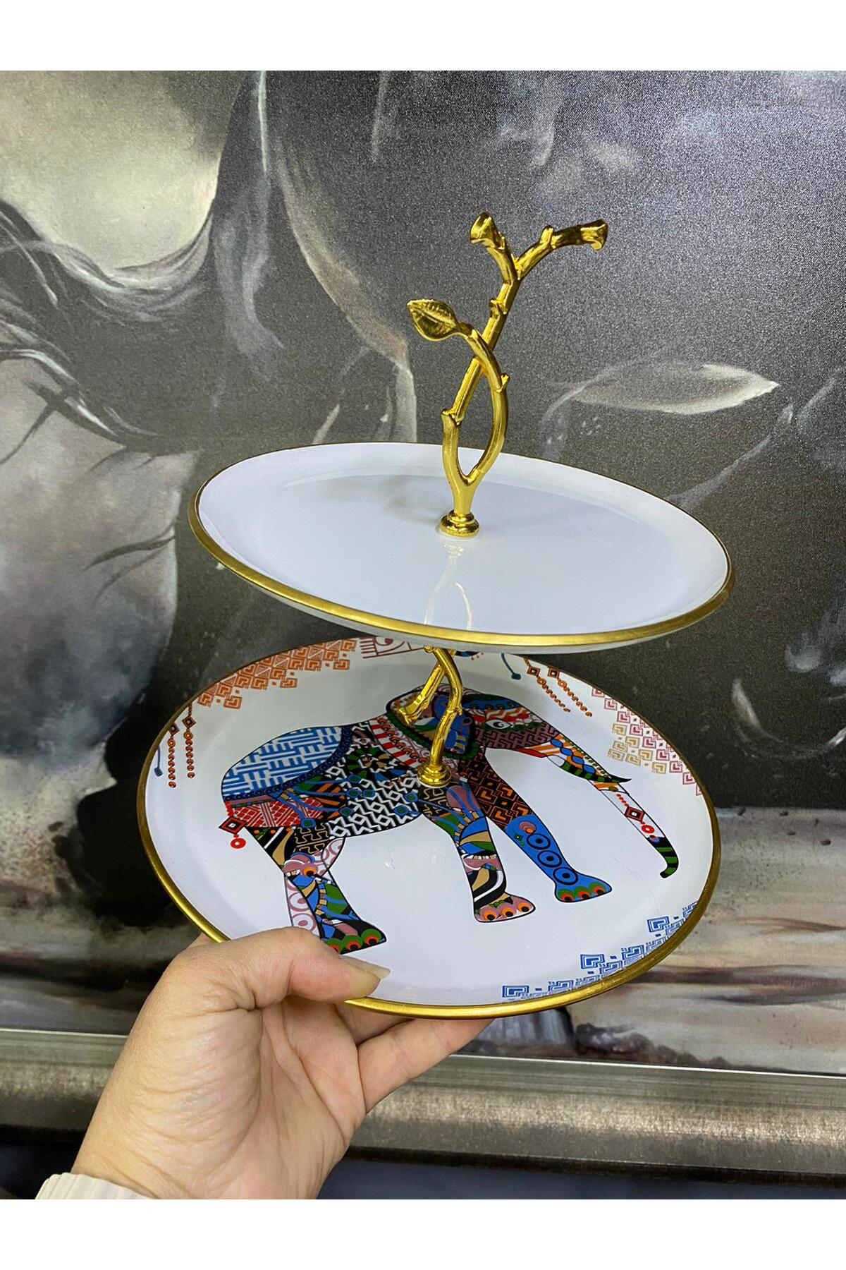 Elif Aksesuar Filli Katlı Etnik Desen Sunum Tabağı