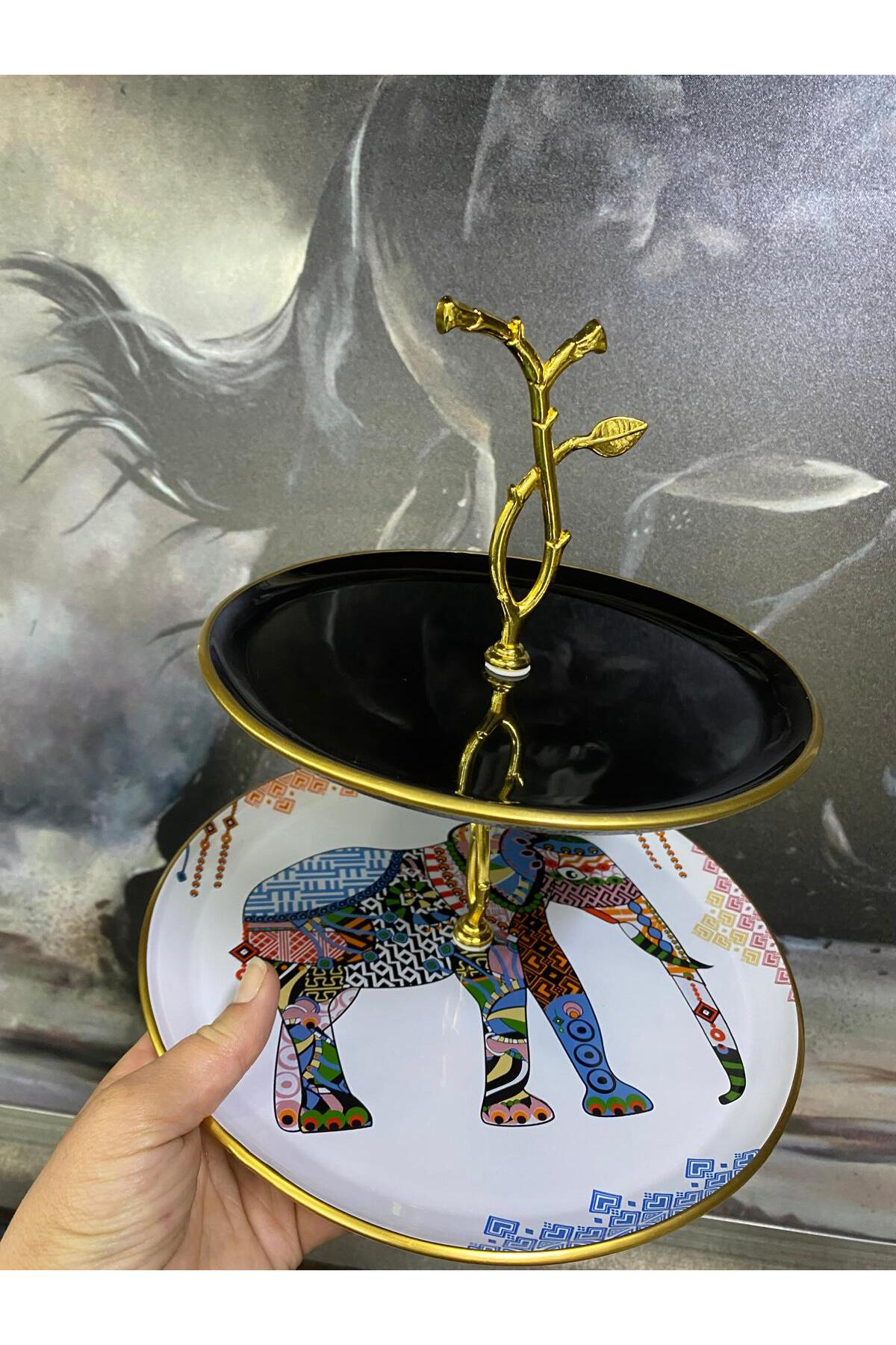 Elif Aksesuar Filli Katlı Etnik Desen Sunum Tabağı