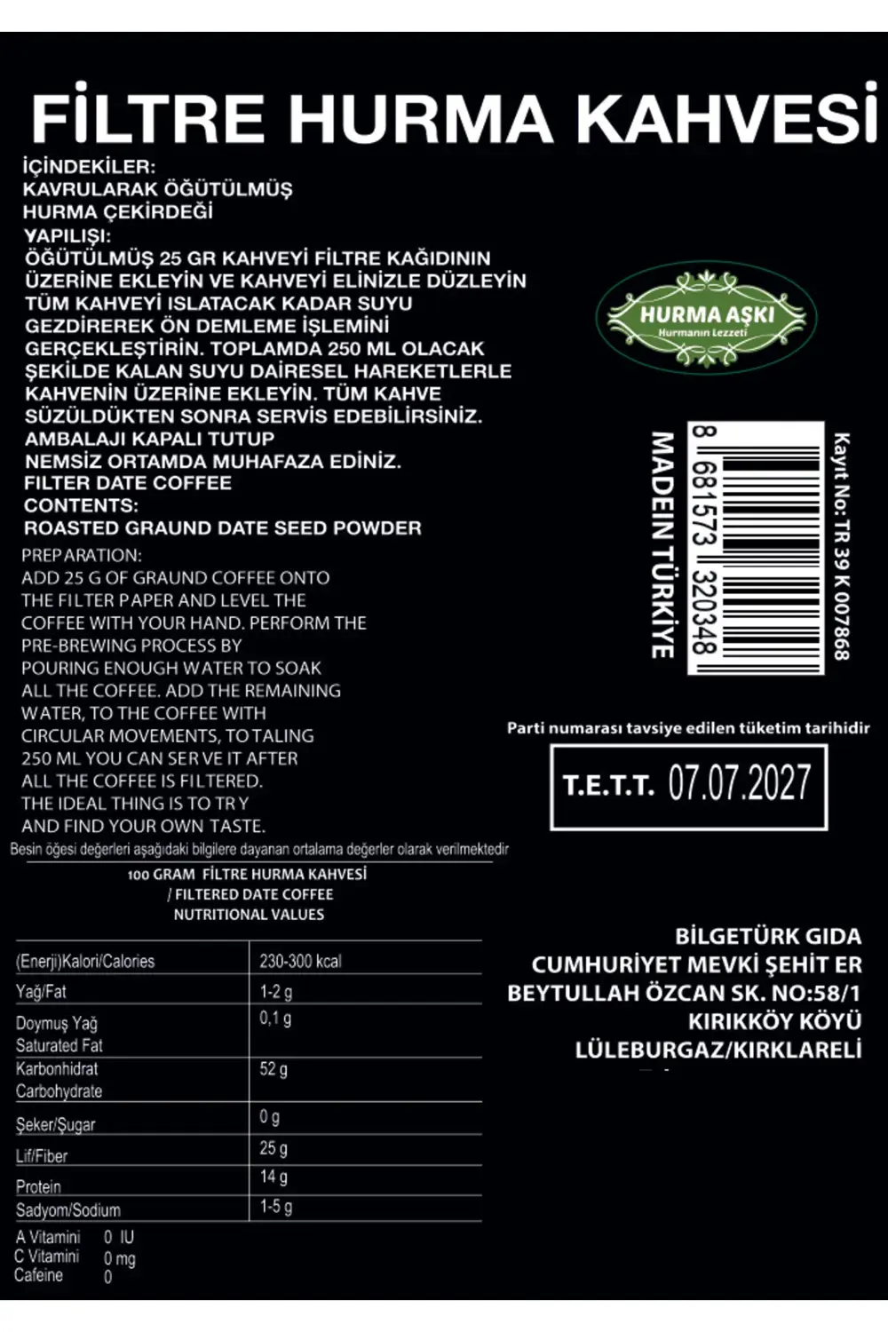 Filtre Hurma Kahvesi 200GrX3=600Gr