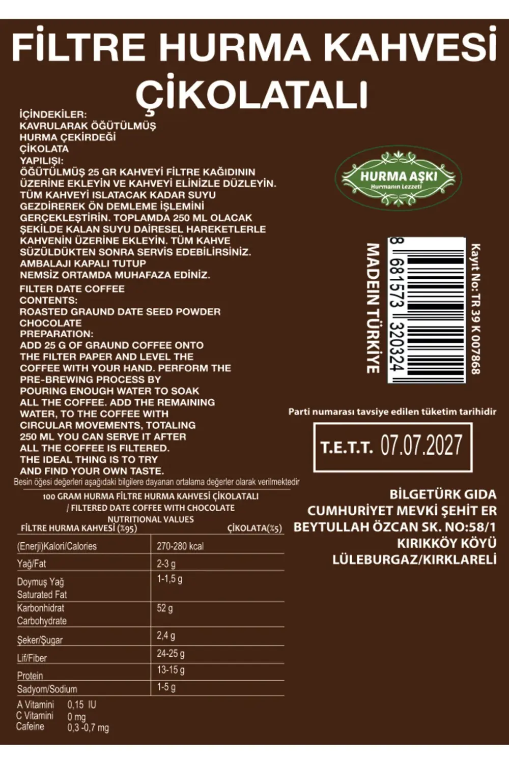 Filtre Hurma Kahvesi Çikolatalı 200GrX3=600Gr