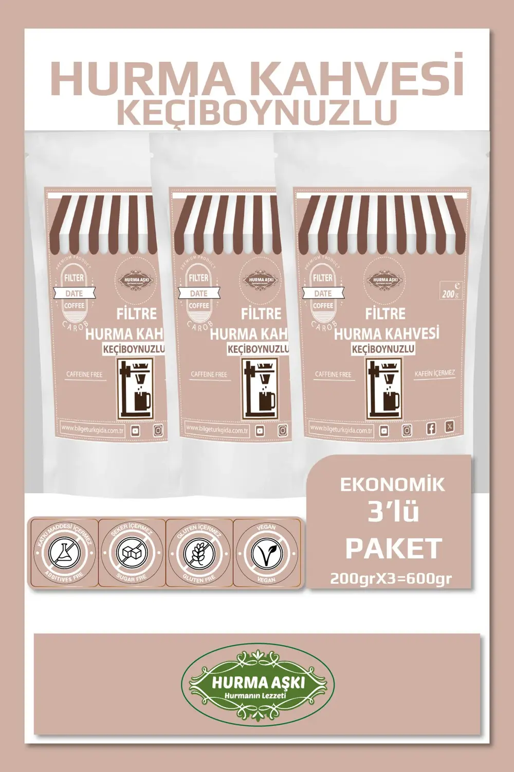 Filtre Hurma Kahvesi Keçiboynuzlu 200GrX3=600Gr