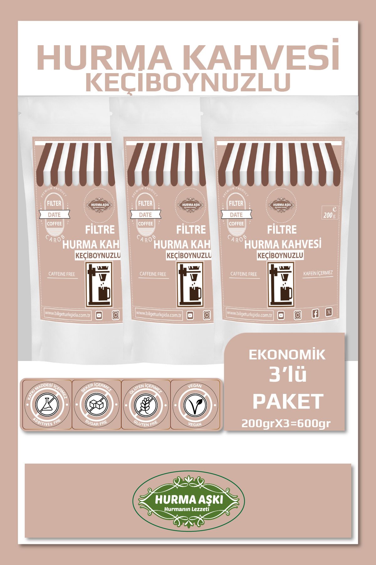 Filtre Hurma Kahvesi Keçiboynuzlu 200GrX3=600Gr