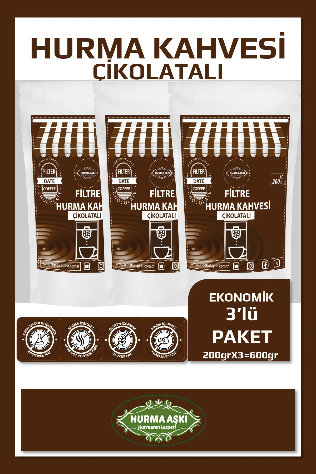 Filtre Hurma Kahvesi Çikolatalı 200GrX3=600Gr Filtre Hurma Kahvesi Çikolatalı 200GrX3=600Gr