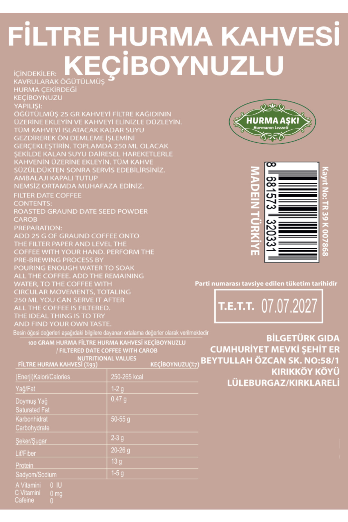 Filtre Hurma Kahvesi Keçiboynuzlu 200GrX3=600Gr