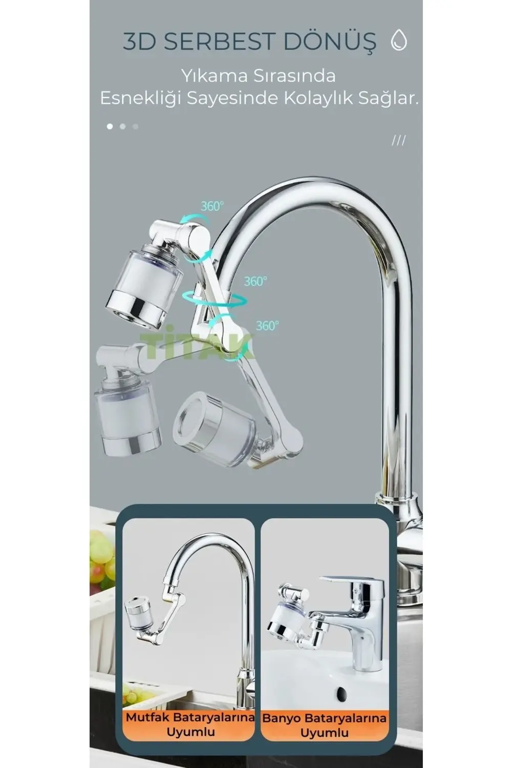 Filtreli Mutfak Banyo Musluk Başlığı 180 Derece Dönebilen Fonksiy