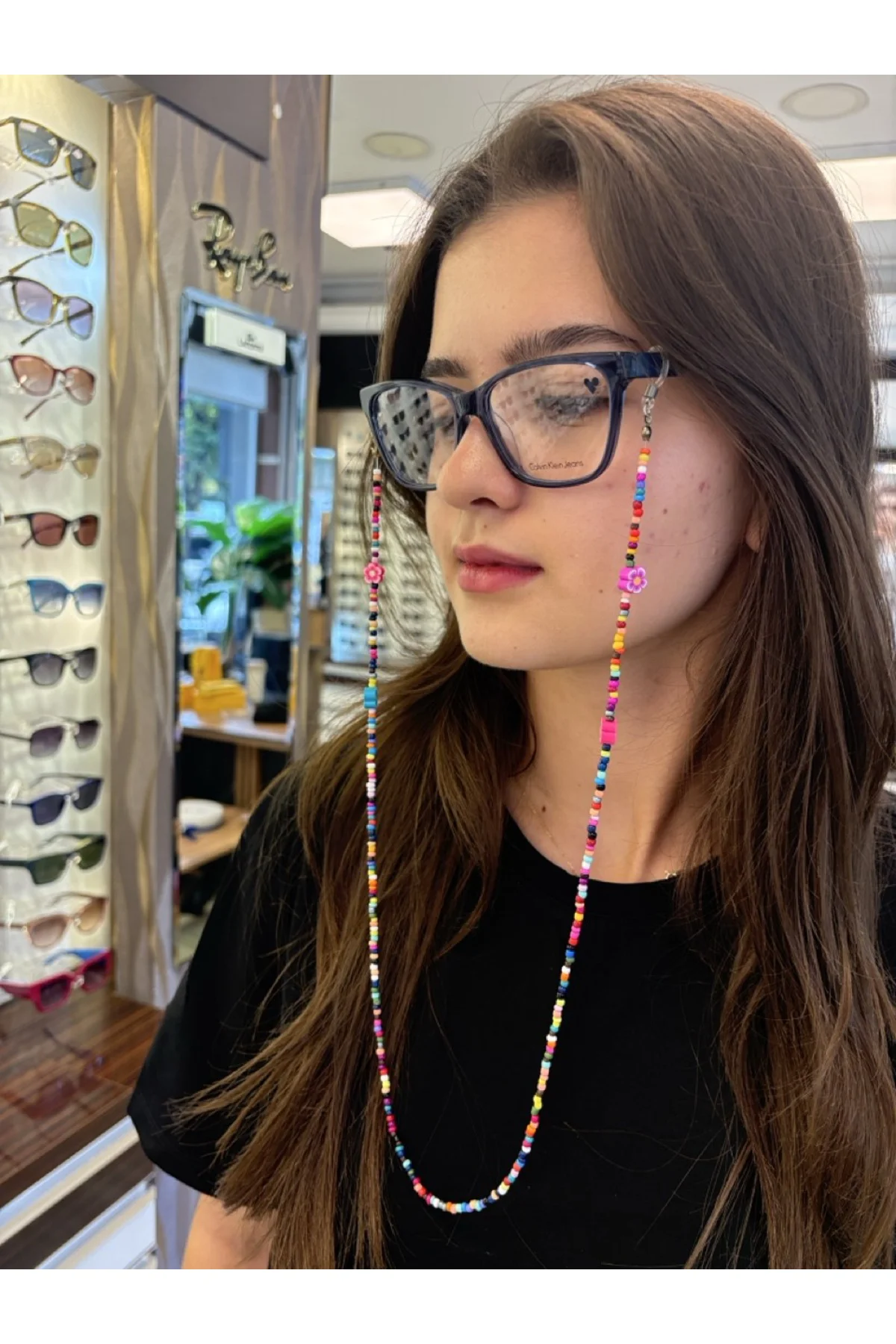 Fimo ve Kum Boncuklu Çok Renkli Optik Güneş Gözlüğü Gözlük İpi 65cm