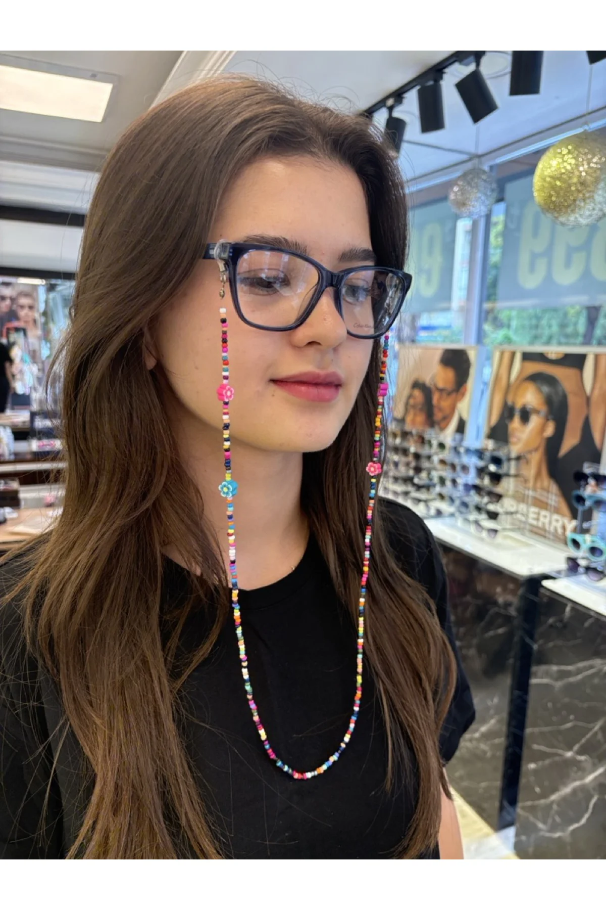 Fimo ve Kum Boncuklu Çok Renkli Optik Güneş Gözlüğü Gözlük İpi 65cm