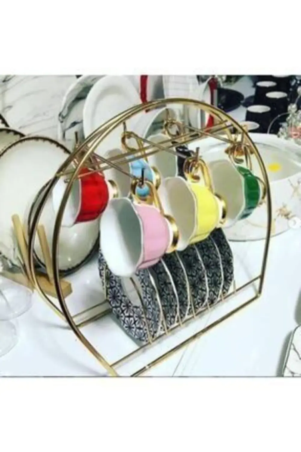 Fincan Ve Kupa Bardak Askılığı - Dekoratif 6 Hazneli Gold Kupalık