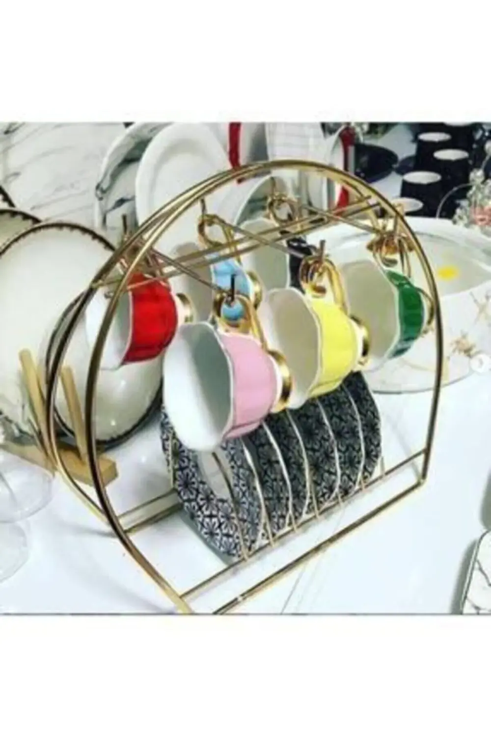 Fincan Ve Kupa Bardak Askılığı - Dekoratif 6 Hazneli Gold Kupalık