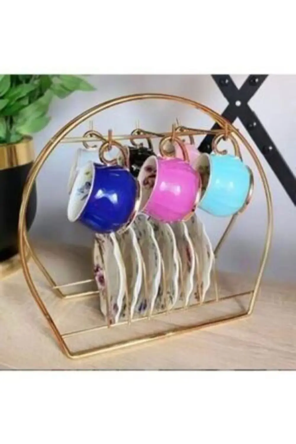 Fincan Ve Kupa Bardak Askılığı - Dekoratif 6 Hazneli Gold Kupalık