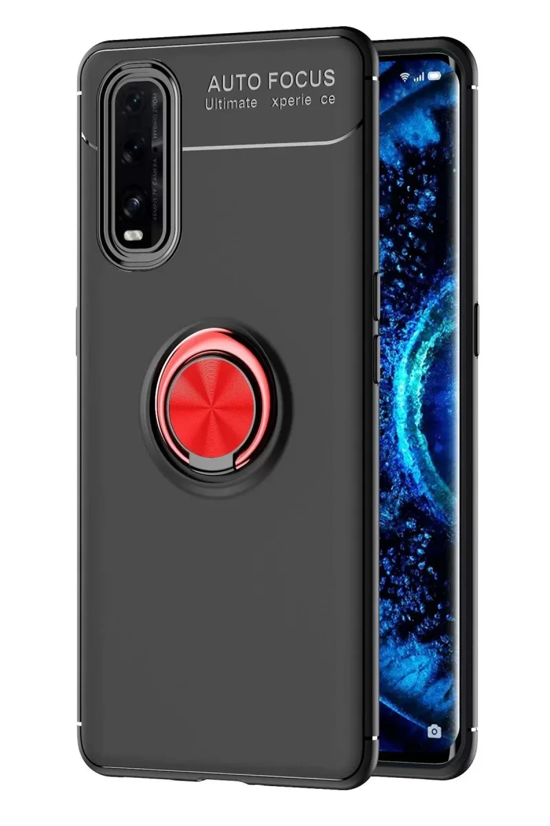 Find X2 ile Uyumlu Range Yüzüklü Silikon Kılıf - Siyah/Kırmızı, 360° Dönen Ring, Araç Mıknatıslı Tutucu Uyumlu