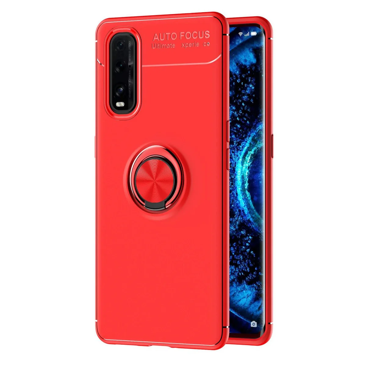 Find X2 Kılıf Yüzüklü Silikon Kırmızı - Çift Elli Tutucu ve Tam Koruma