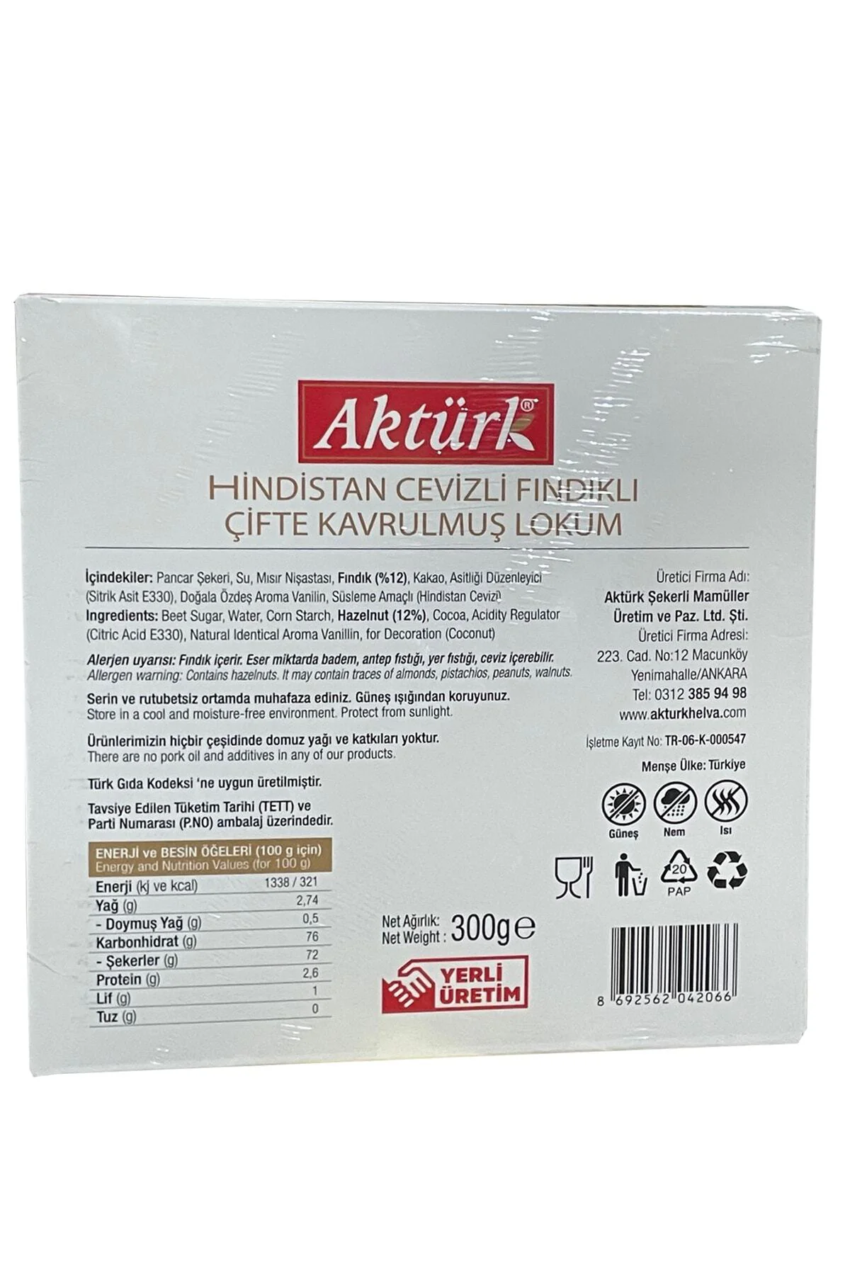 Fındıklı Hindistan Cevizli Çifte Kavrulmuş Lokum 300 Gr. X 3 Adet