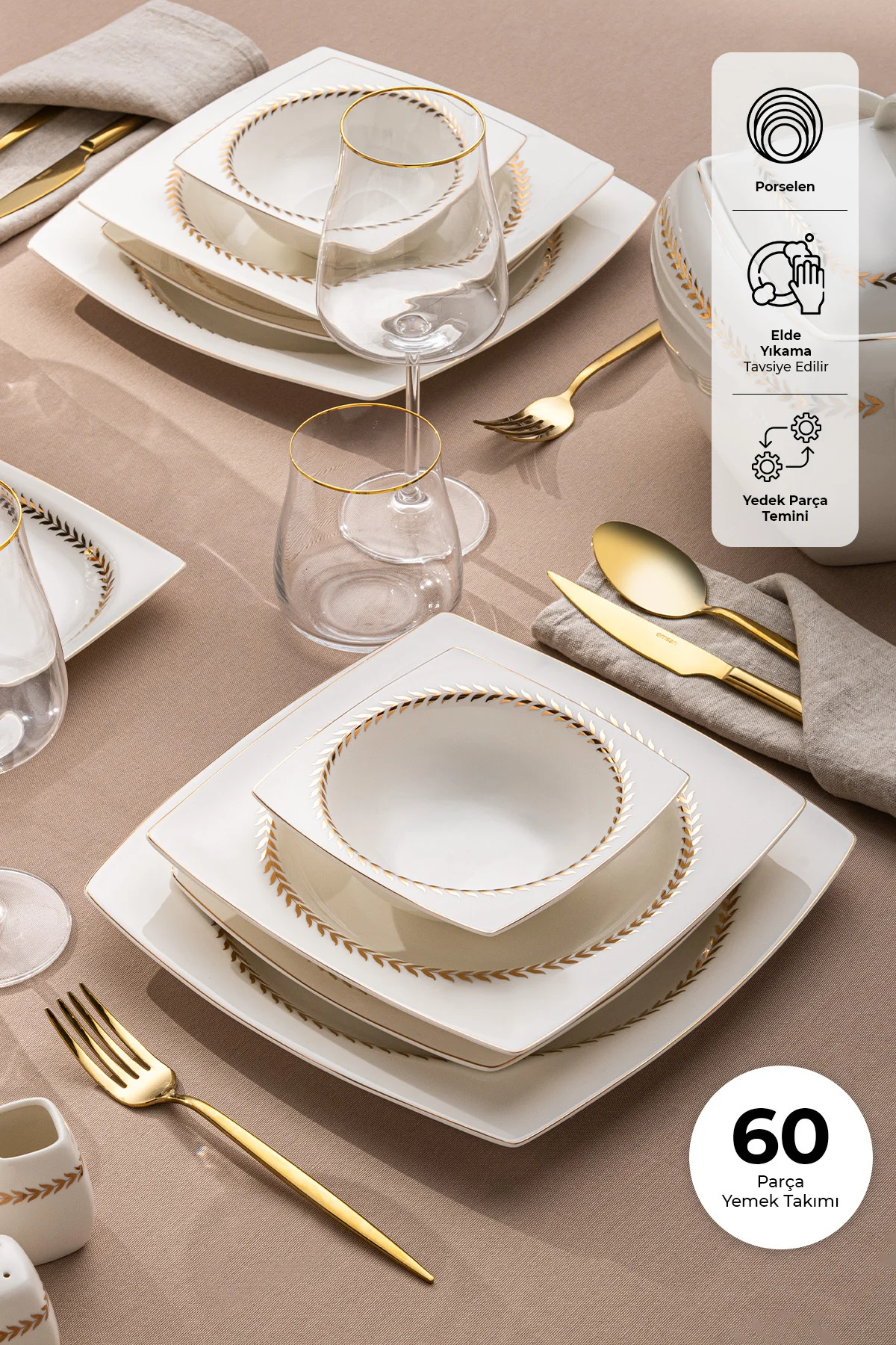 Fine Bone Başak 60 Parça 12 Kişilik Kare Yemek Takımı Gold