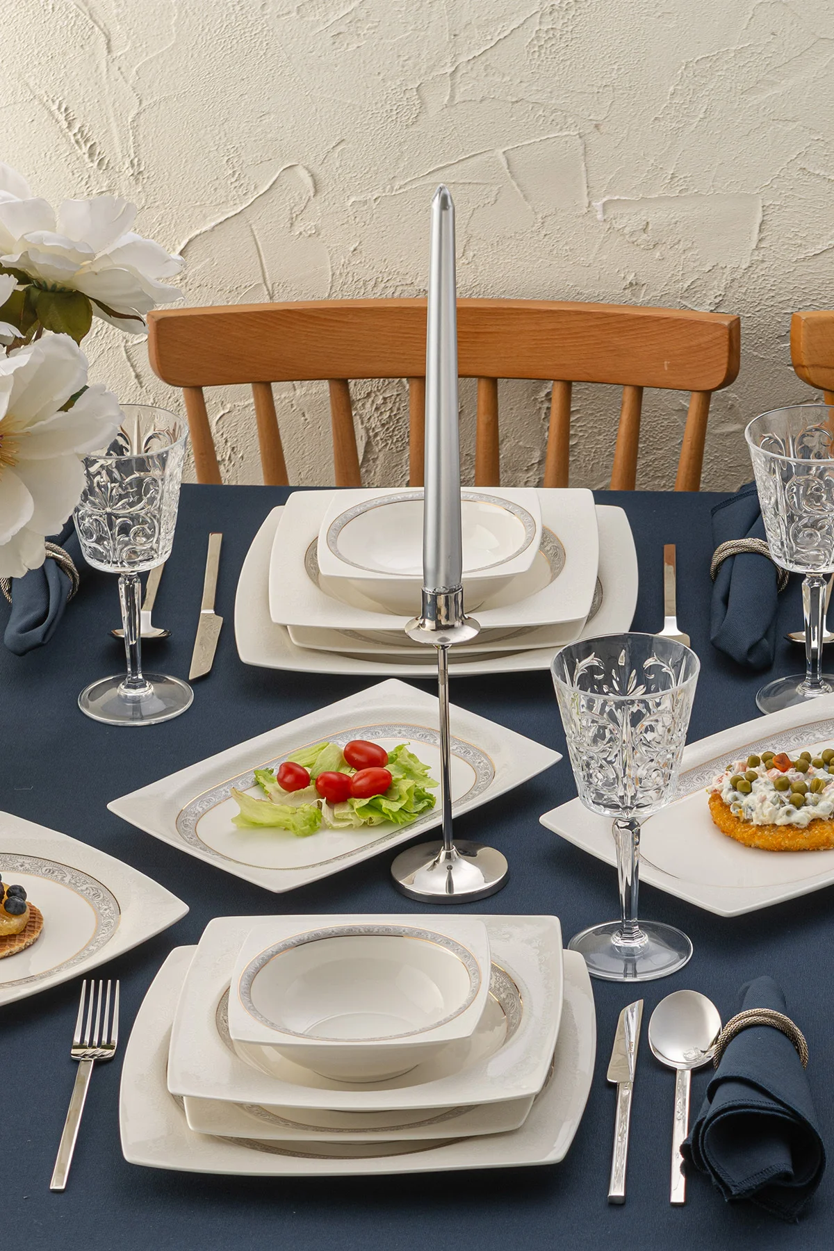 Fine Bone Dantel Yemek Takımı 60 Parça Kare