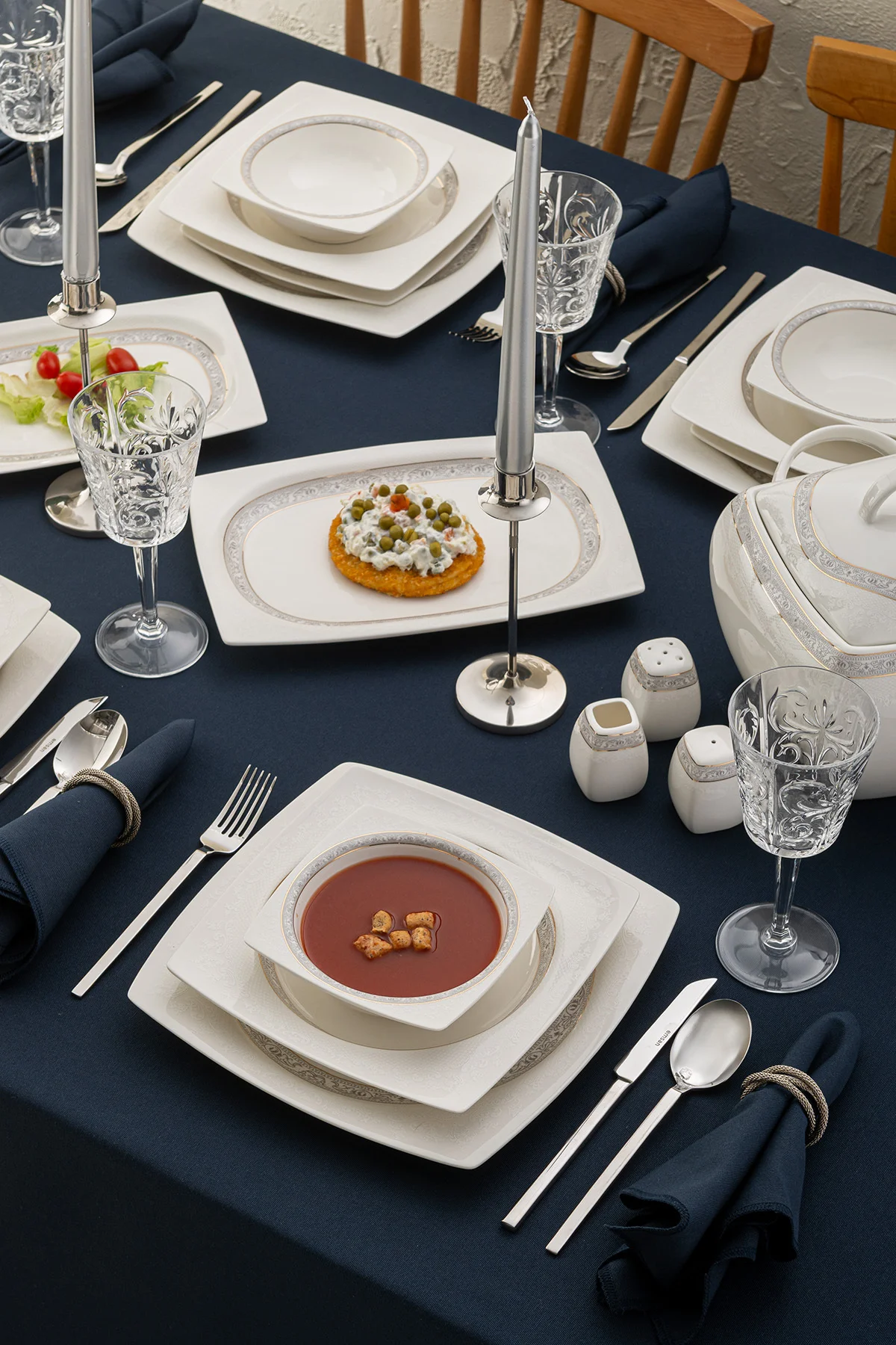 Fine Bone Dantel Yemek Takımı 60 Parça Kare