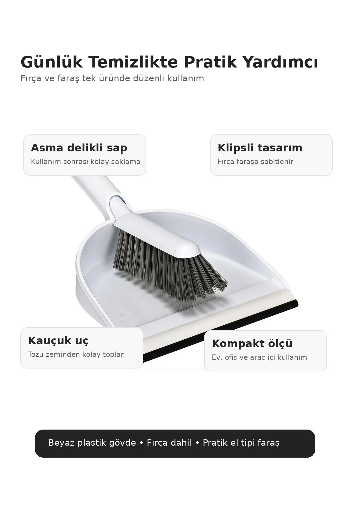 Fırçalı Faraş Seti Kauçuk Uçlu El Süpürgesi Klipsli Saplı Pratik 