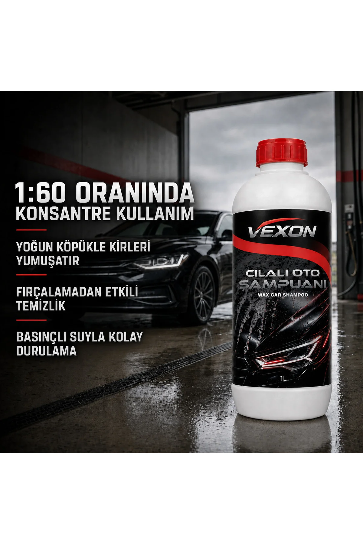 Fırçasız Oto Şampuanı 1 L – 1/60 Konsantre Güçlü Köpüklü Araç Yıkama Şampuanı